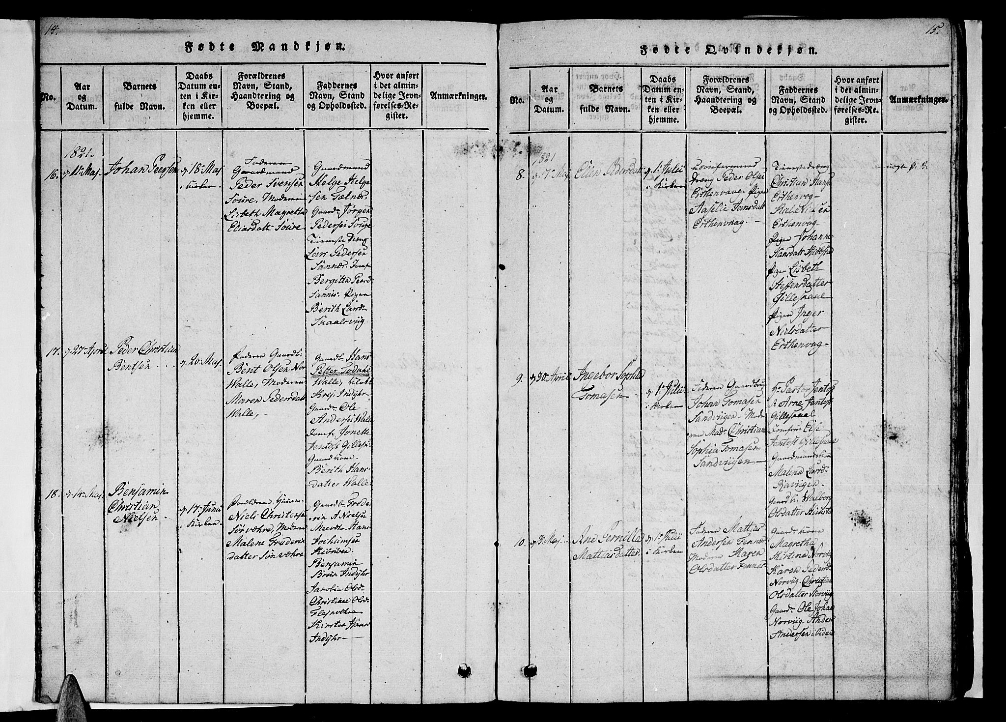 Ministerialprotokoller, klokkerbøker og fødselsregistre - Nordland, AV/SAT-A-1459/805/L0105: Parish register (copy) no. 805C01, 1820-1839, p. 14-15