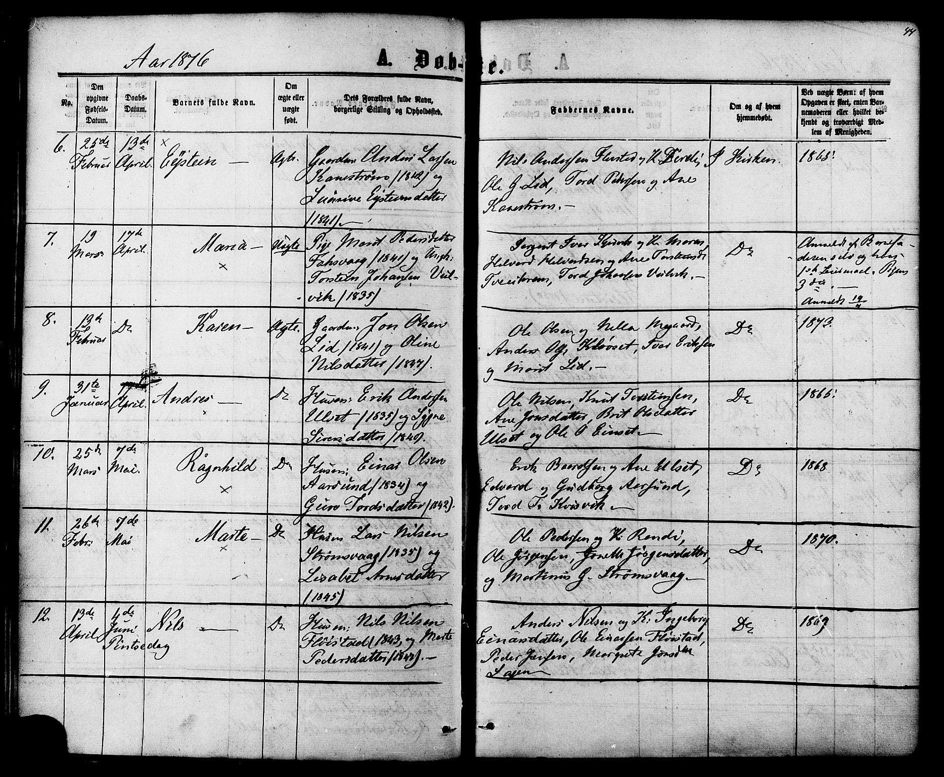 Ministerialprotokoller, klokkerbøker og fødselsregistre - Møre og Romsdal, AV/SAT-A-1454/587/L0999: Parish register (official) no. 587A01, 1864-1886, p. 44