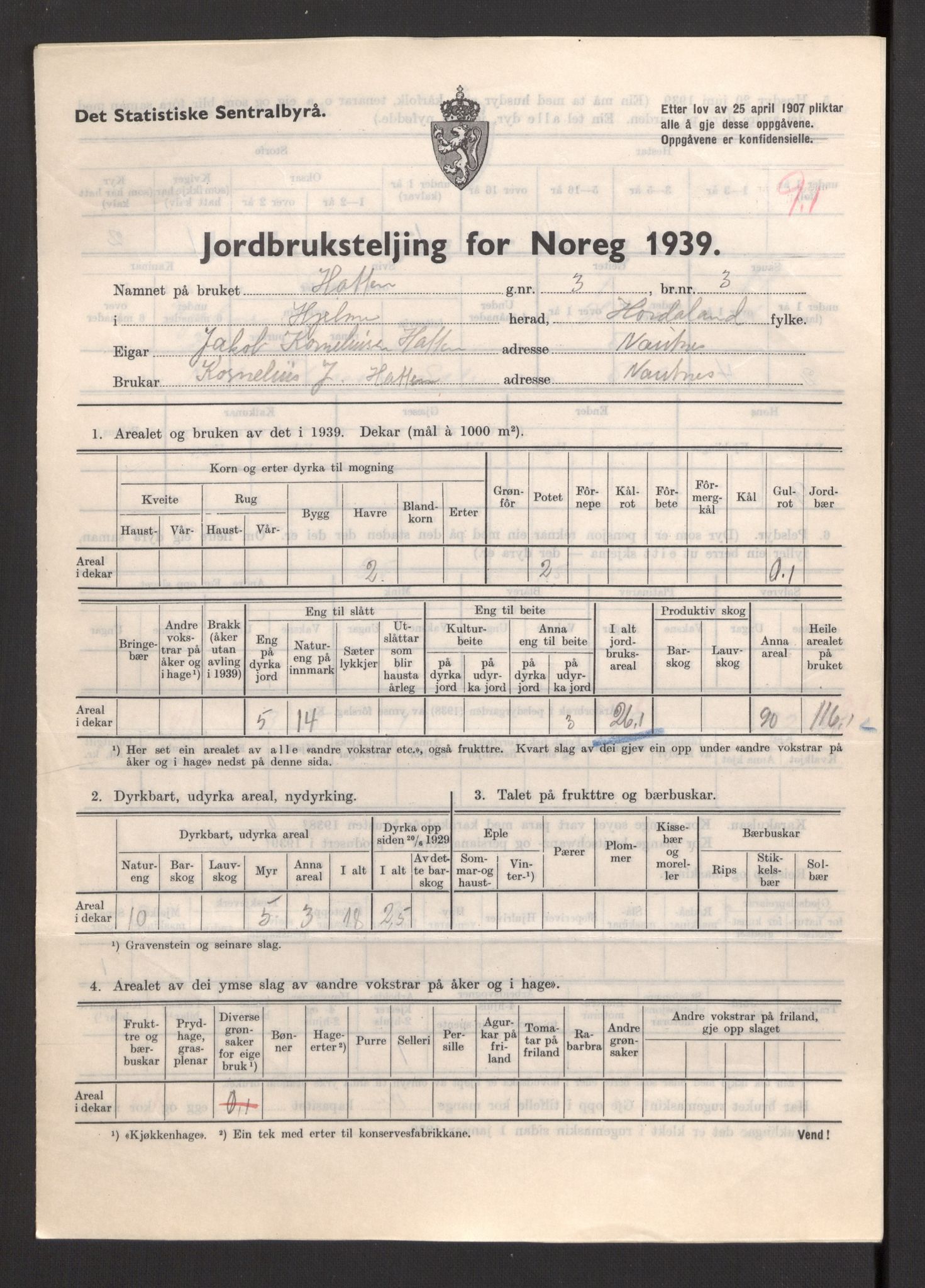 Statistisk sentralbyrå, Næringsøkonomiske emner, Jordbruk, skogbruk, jakt, fiske og fangst, AV/RA-S-2234/G/Gb/L0211: Hordaland: Herdla, Hjelme og Manger, 1939, p. 1381