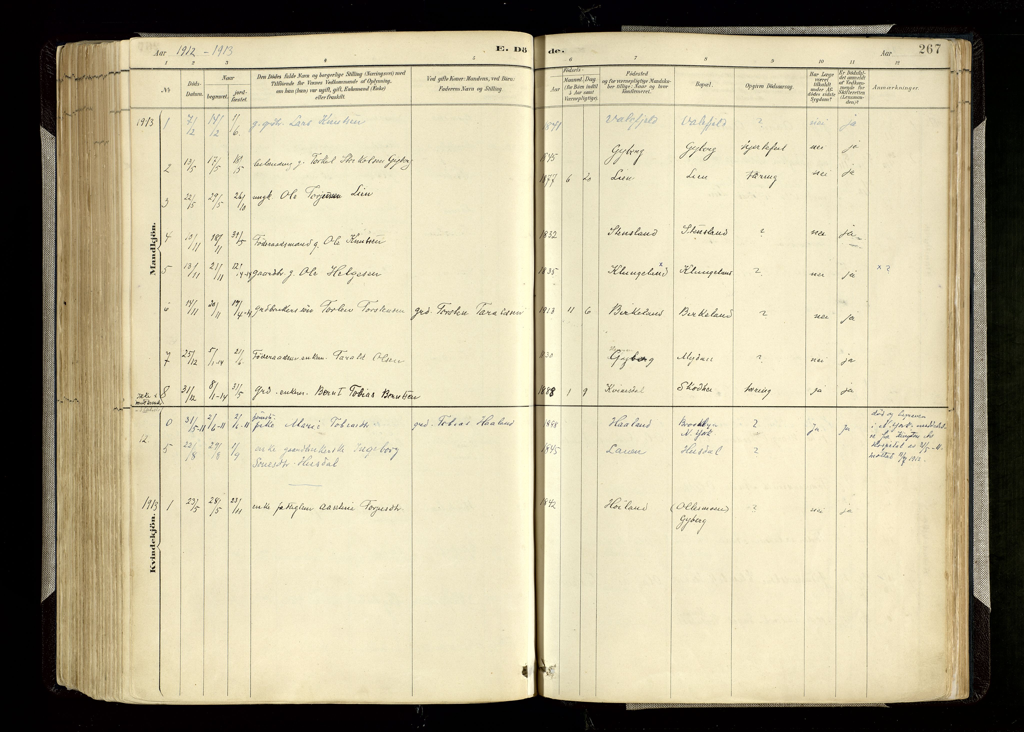 Hægebostad sokneprestkontor, SAK/1111-0024/F/Fa/Faa/L0006: Parish register (official) no. A 6, 1887-1929, p. 267