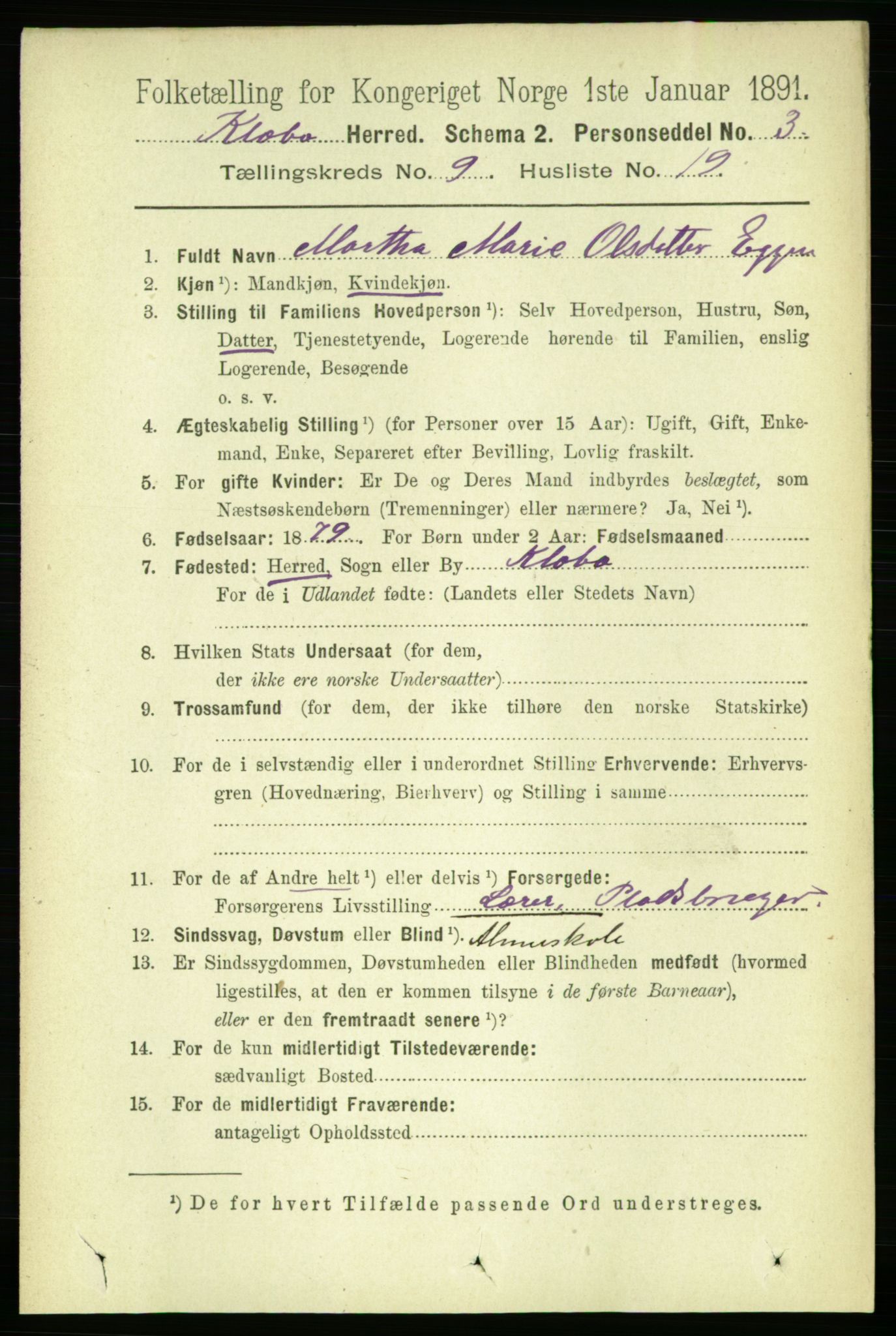 RA, 1891 census for 1662 Klæbu, 1891, p. 1863