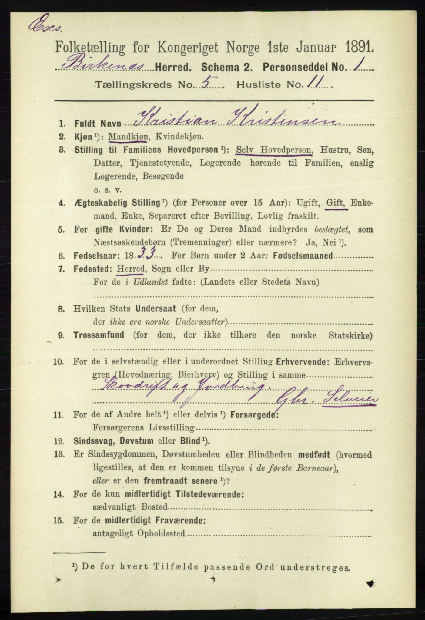 RA, Census 1891 for Nedenes amt: Gjenparter av personsedler for beslektede ektefeller, menn, 1891, p. 894