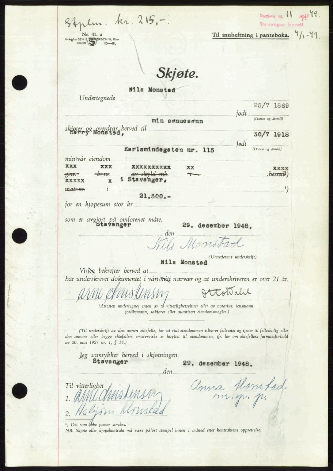 Stavanger byrett, SAST/A-100455/002/G/Gb/L0023: Mortgage book no. A12, 1948-1949, Diary no: : 11/1949