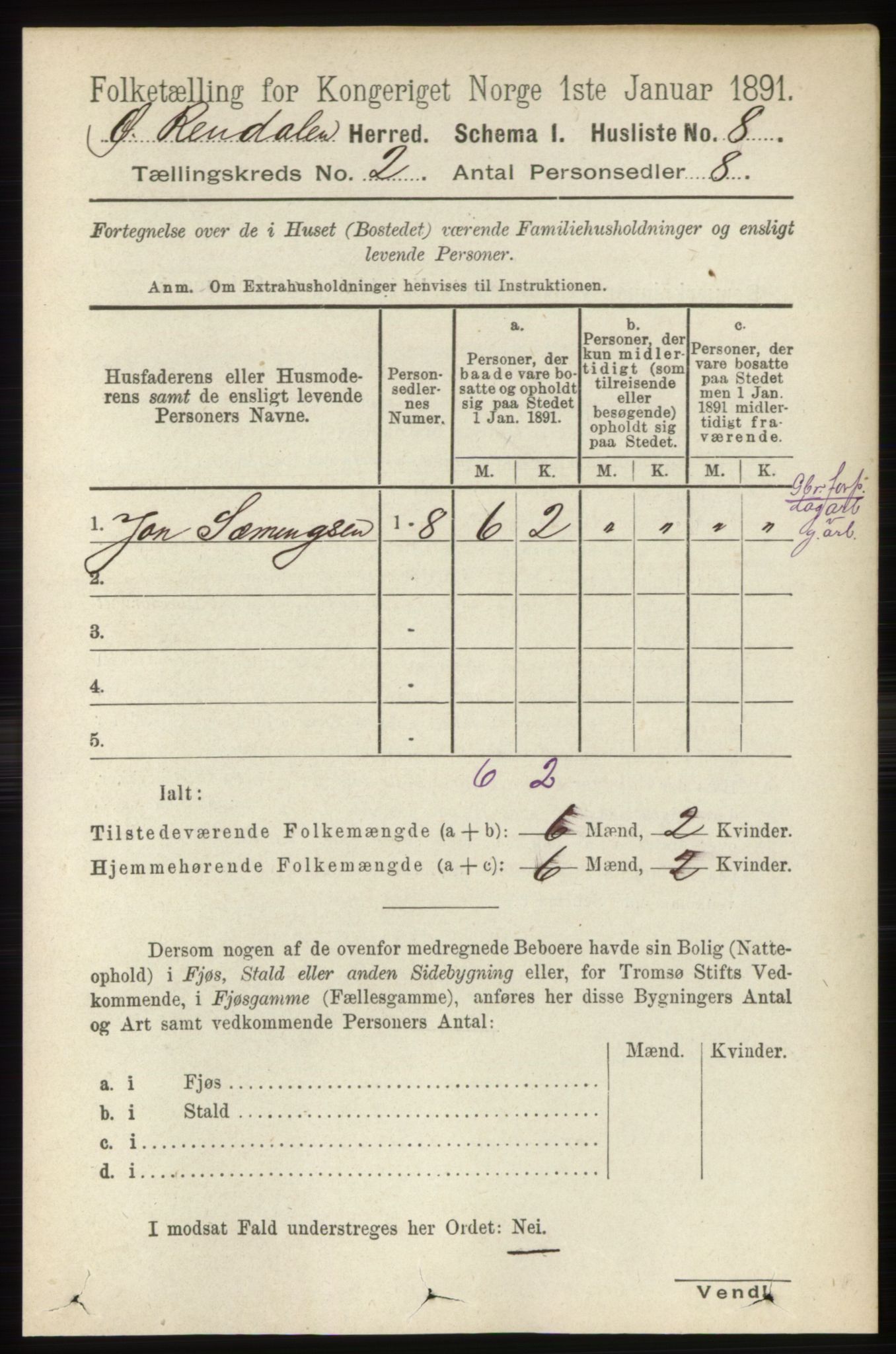 RA, 1891 census for 0433 Øvre Rendal, 1891, p. 341