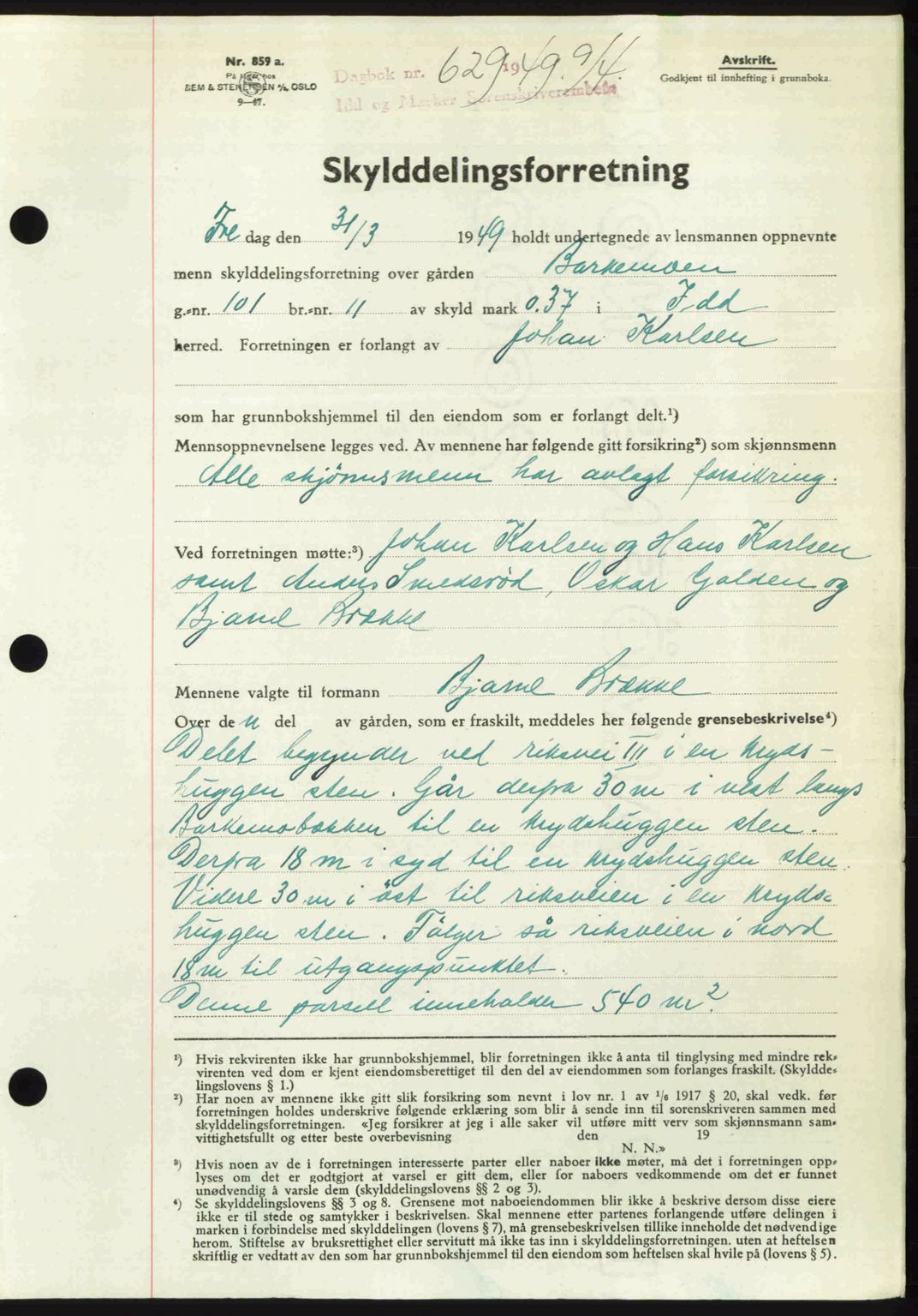 Idd og Marker sorenskriveri, AV/SAO-A-10283/G/Gb/Gbb/L0012: Mortgage book no. A12, 1949-1949, Diary no: : 629/1949