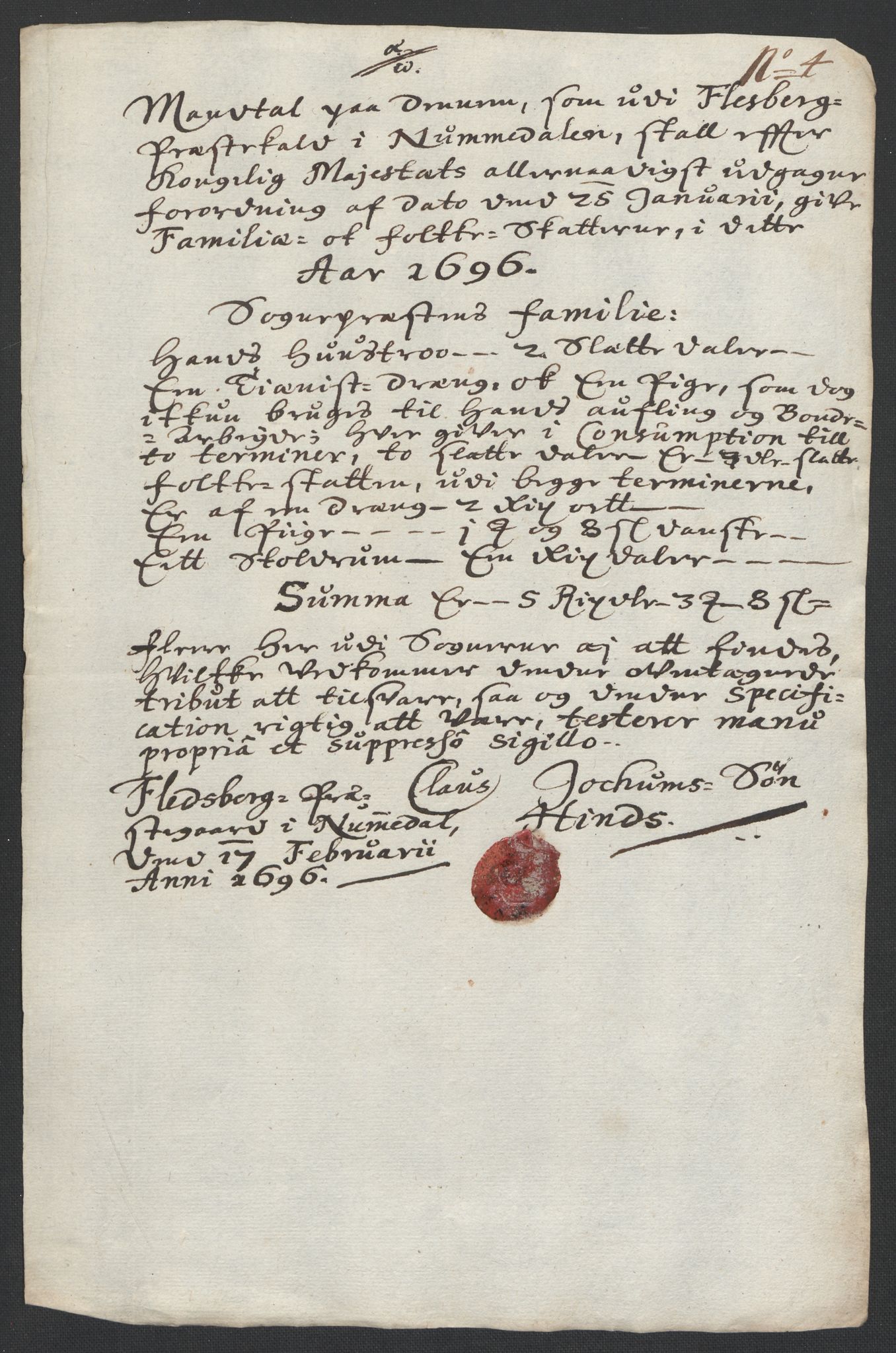 Rentekammeret inntil 1814, Reviderte regnskaper, Fogderegnskap, RA/EA-4092/R24/L1576: Fogderegnskap Numedal og Sandsvær, 1696-1697, p. 175