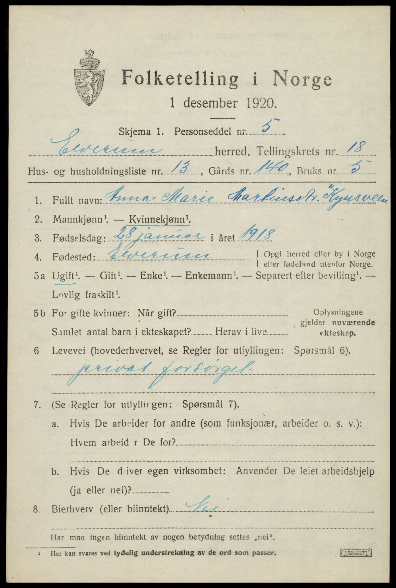 SAH, 1920 census for Elverum, 1920, p. 22220