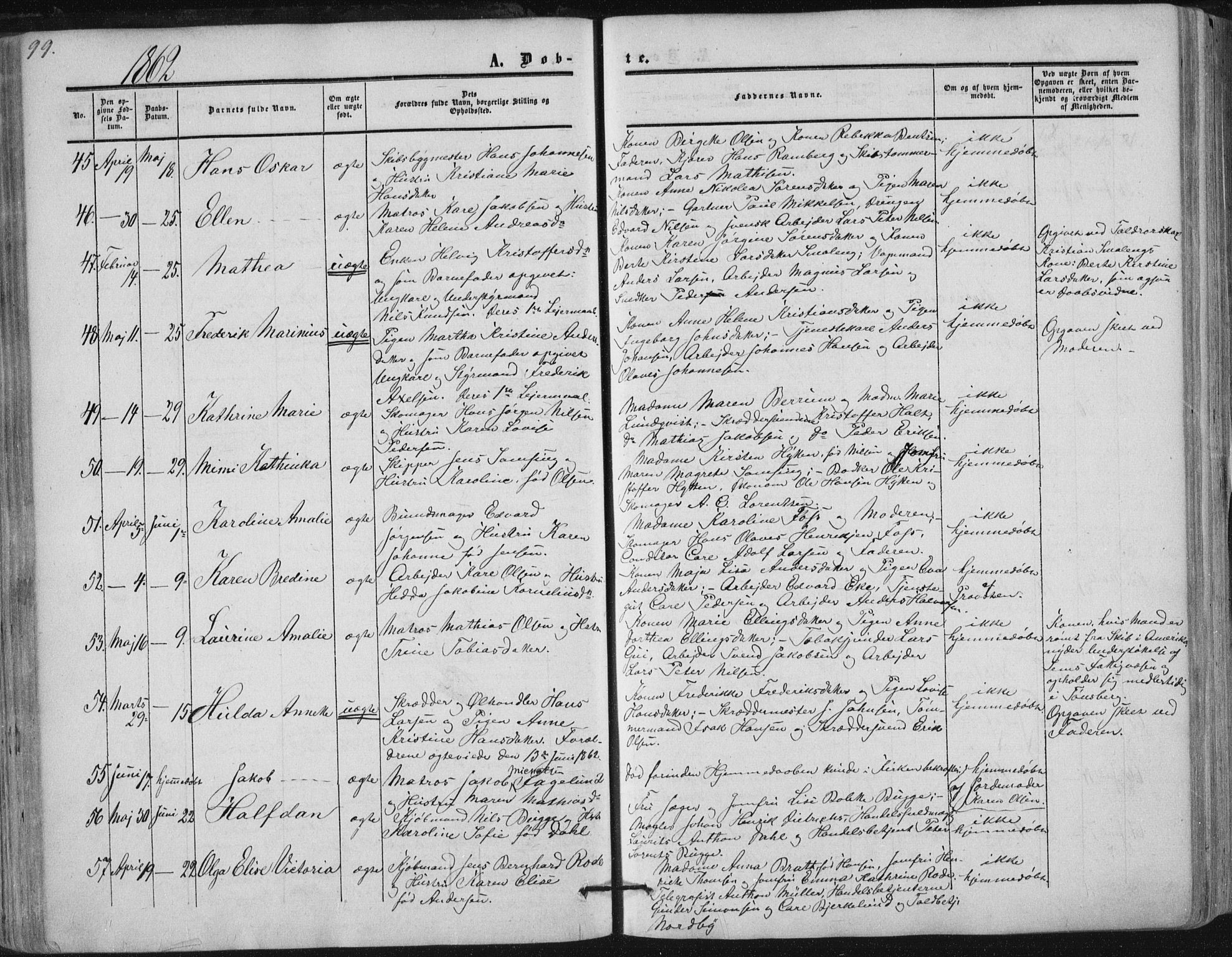 Tønsberg kirkebøker, AV/SAKO-A-330/F/Fa/L0008: Parish register (official) no. I 8, 1855-1864, p. 99