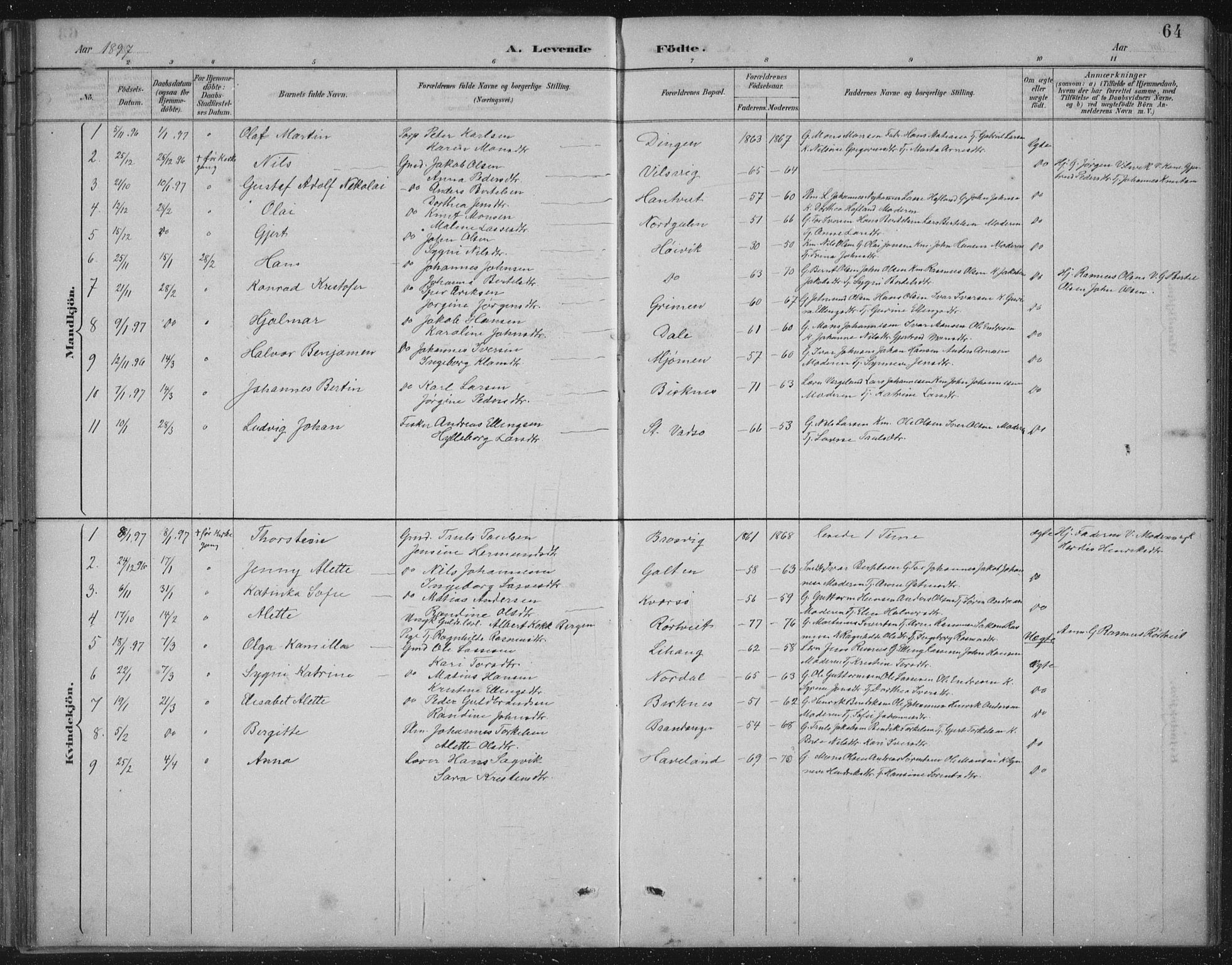 Gulen sokneprestembete, AV/SAB-A-80201/H/Hab/Habb/L0003: Parish register (copy) no. B 3, 1884-1907, p. 64