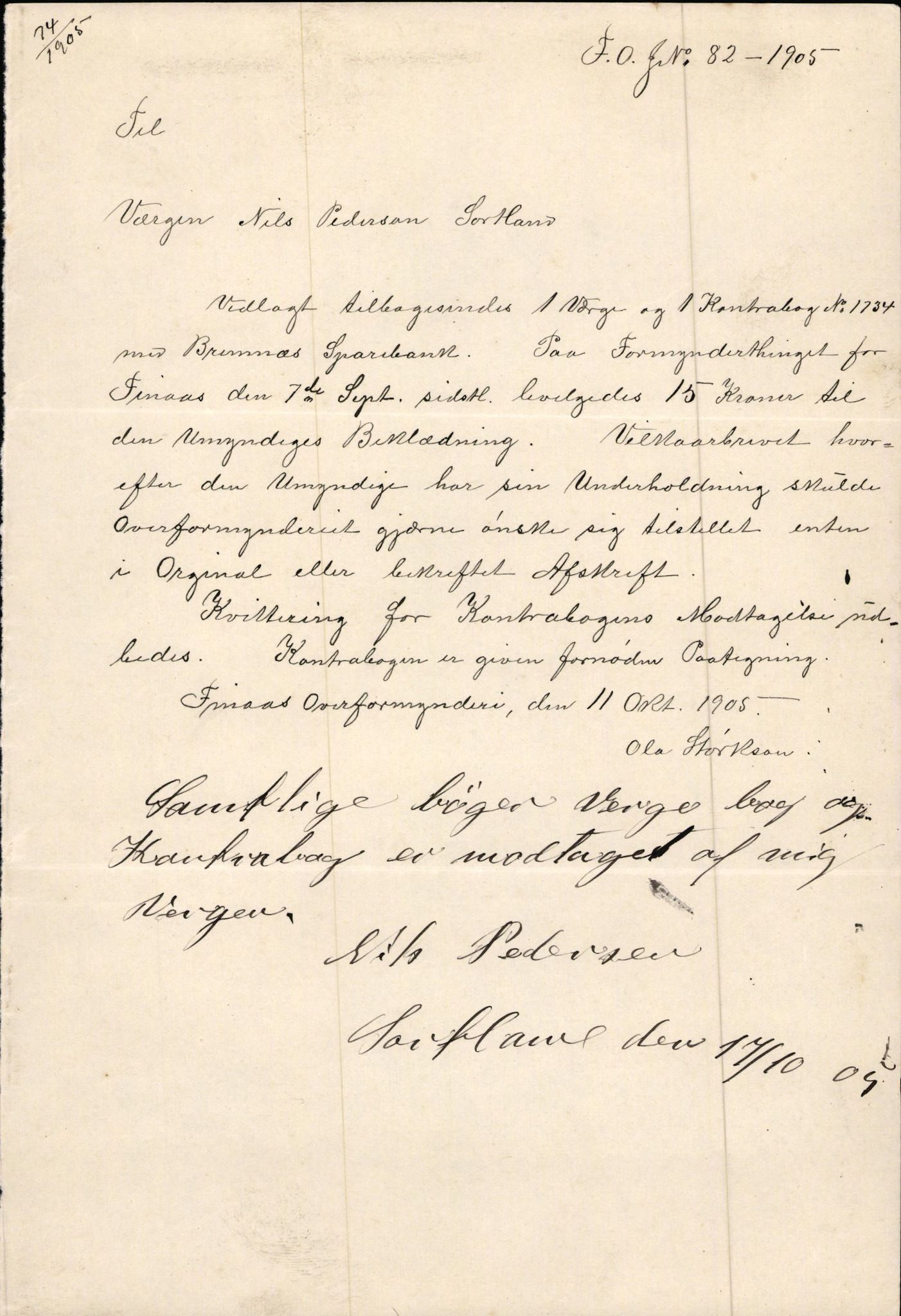 Finnaas kommune. Overformynderiet, IKAH/1218a-812/D/Da/Daa/L0002/0003: Kronologisk ordna korrespondanse / Kronologisk ordna korrespondanse, 1905-1909, p. 32