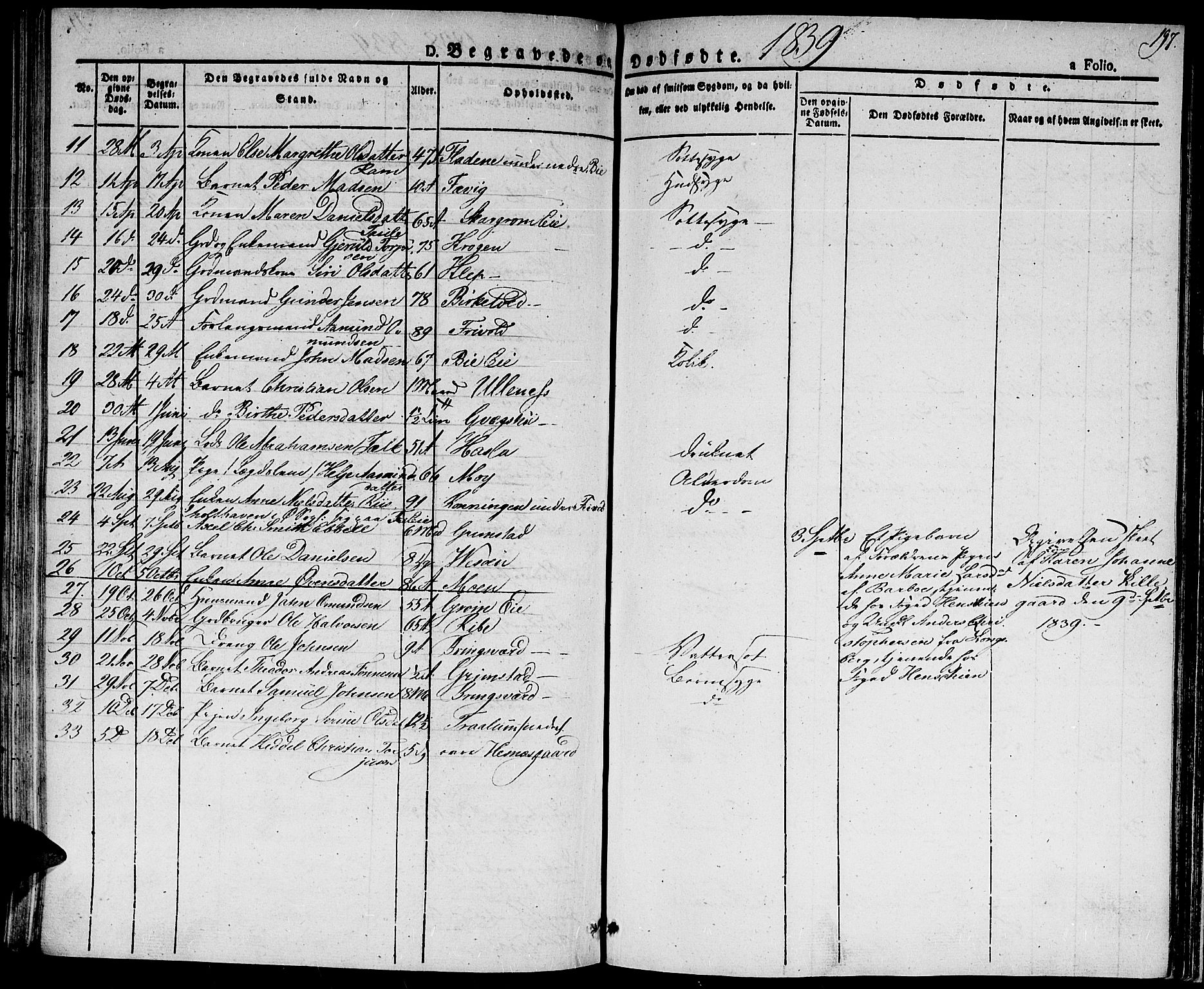 Fjære sokneprestkontor, SAK/1111-0011/F/Fa/L0002: Parish register (official) no. A 2, 1827-1839, p. 197
