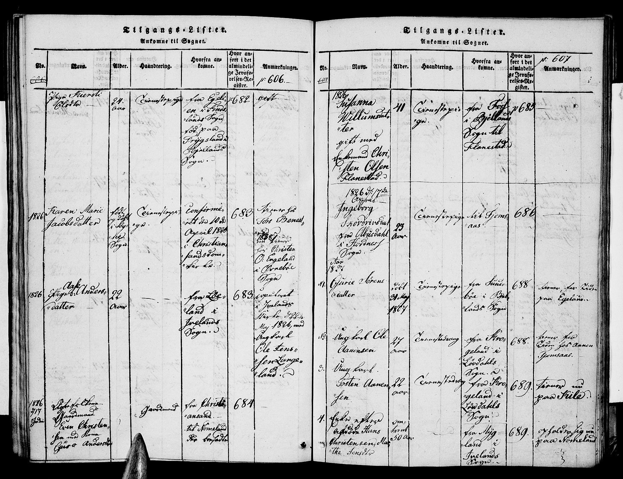 Vennesla sokneprestkontor, SAK/1111-0045/Fa/Faa/L0003: Parish register (official) no. A 3, 1820-1834, p. 606-607