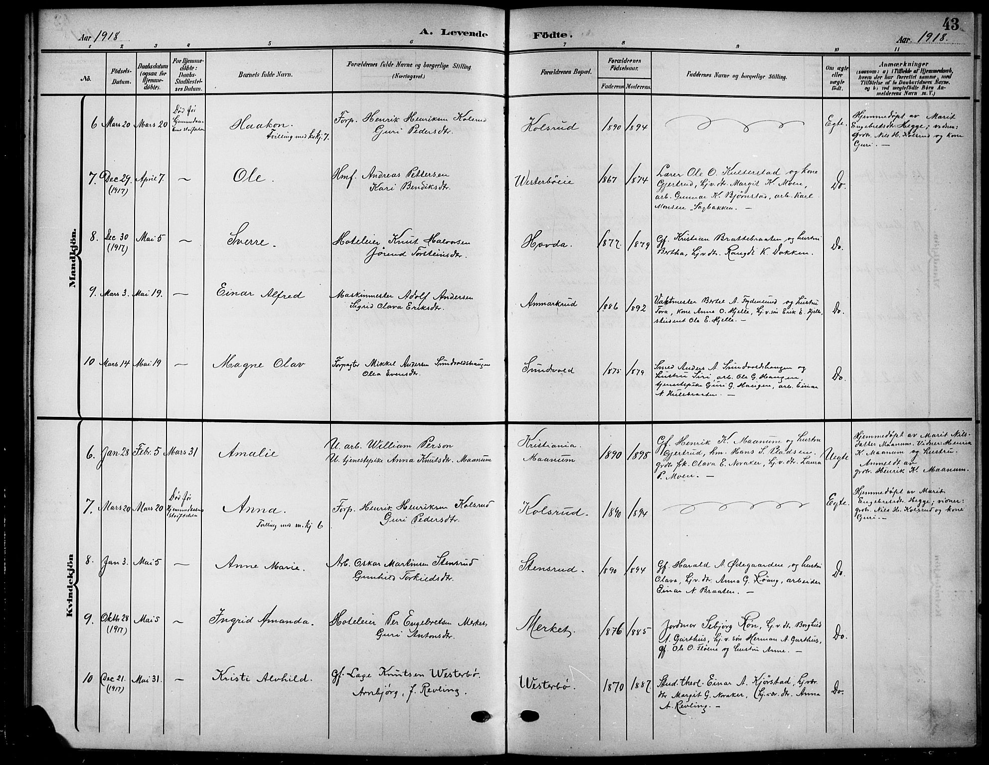 Nord-Aurdal prestekontor, SAH/PREST-132/H/Ha/Hab/L0012: Parish register (copy) no. 12, 1907-1920, p. 43