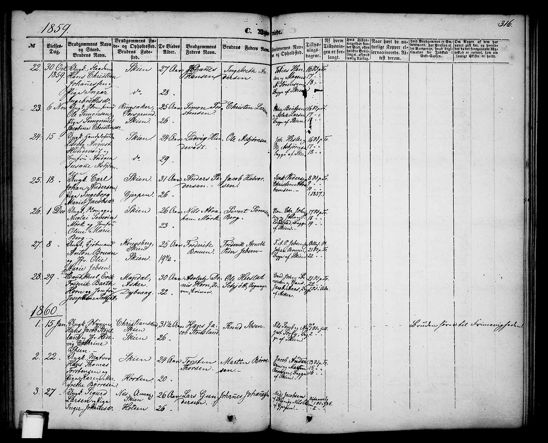 Skien kirkebøker, SAKO/A-302/G/Ga/L0004: Parish register (copy) no. 4, 1843-1867, p. 316
