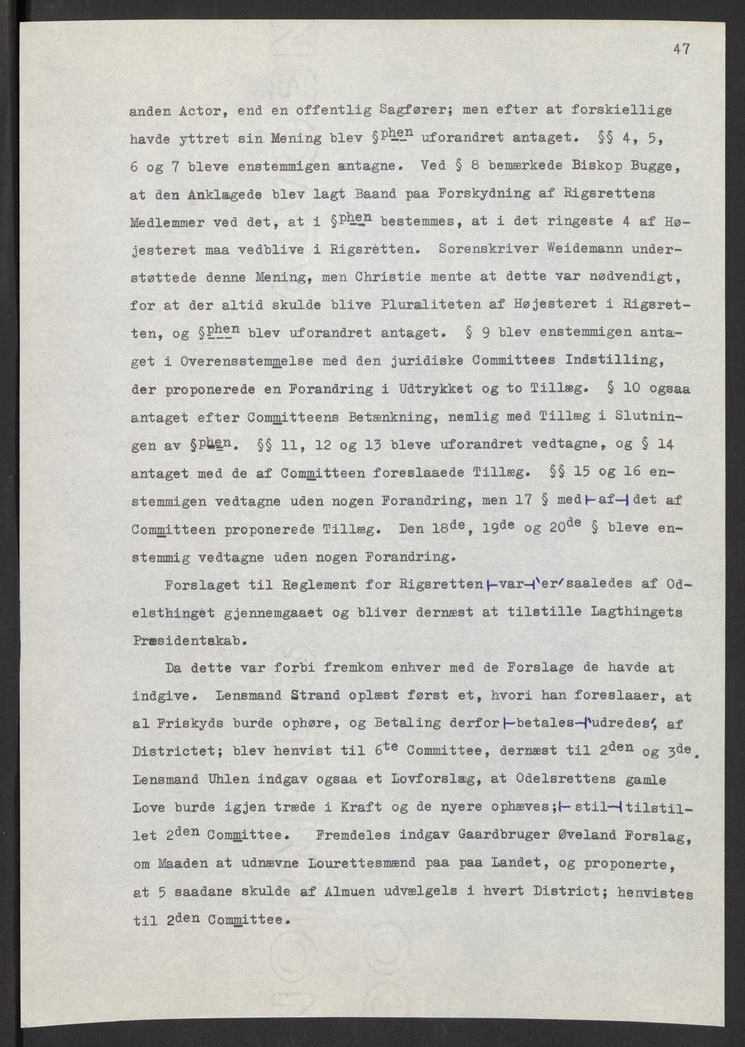 Manuskriptsamlingen, AV/RA-EA-3667/F/L0197: Wetlesen, Hans Jørgen (stortingsmann, ingeniørkaptein); Referat fra Stortinget 1815-1816, 1815-1816, p. 47