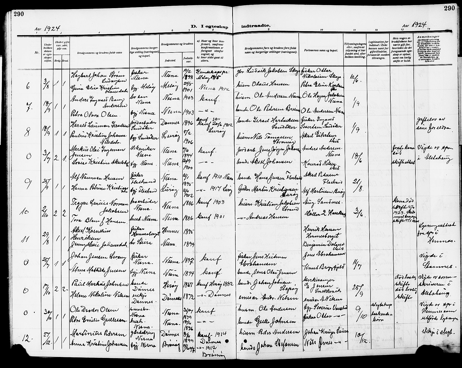 Ministerialprotokoller, klokkerbøker og fødselsregistre - Nordland, AV/SAT-A-1459/838/L0560: Parish register (copy) no. 838C07, 1910-1928, p. 290