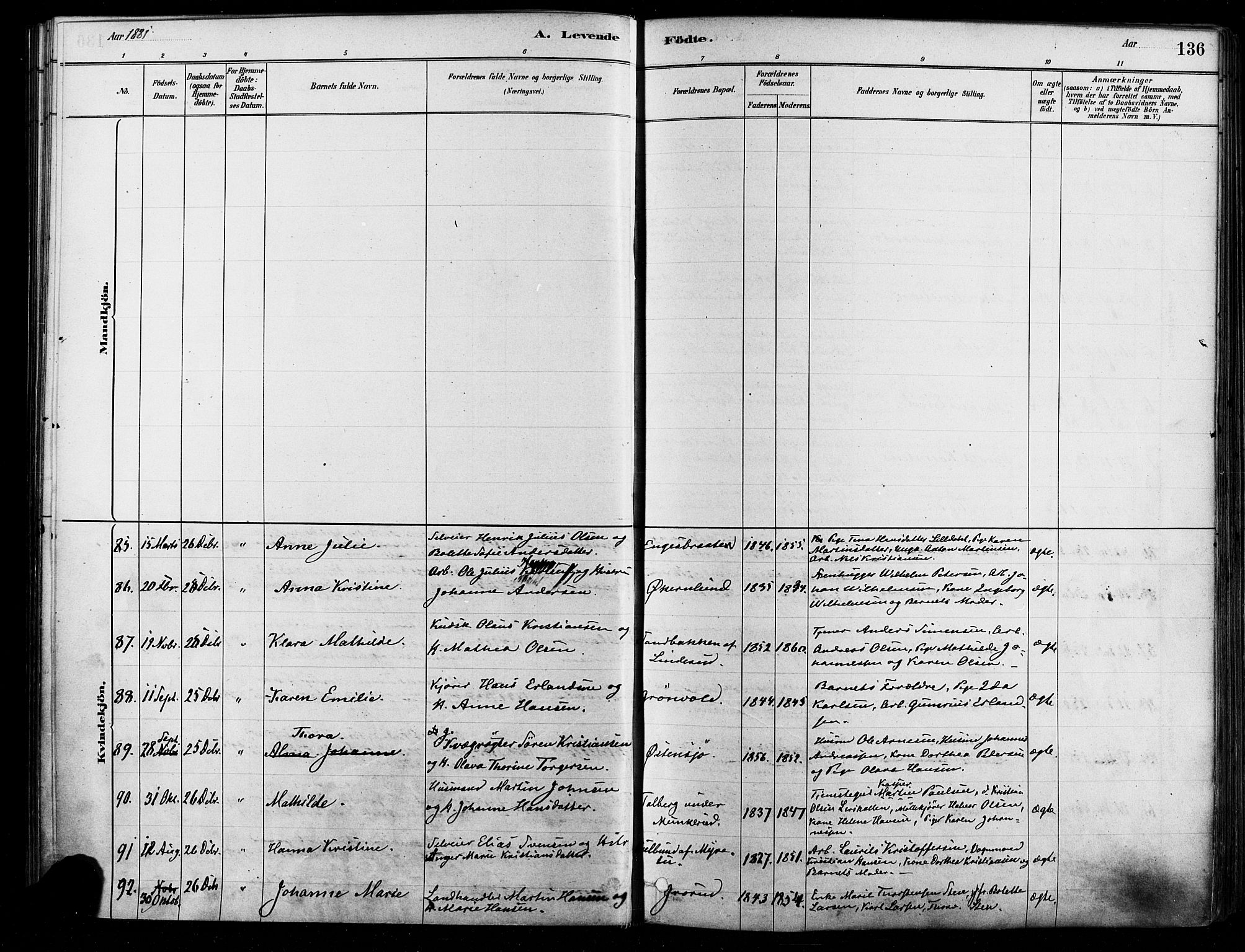 Østre Aker prestekontor Kirkebøker, AV/SAO-A-10840/F/Fa/L0006: Parish register (official) no. I 5, 1879-1882, p. 136