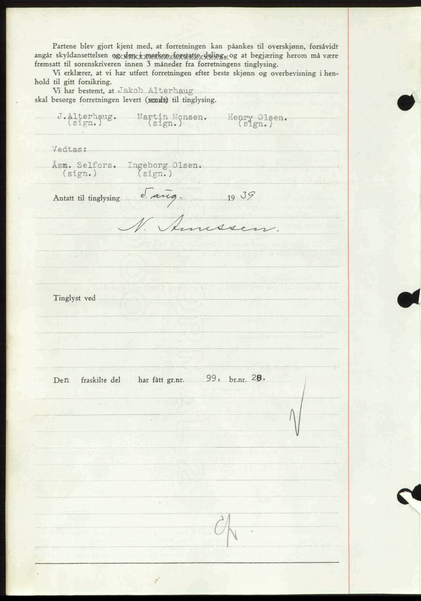 Rana sorenskriveri , SAT/A-1108/1/2/2C: Mortgage book no. A 6, 1939-1940, Diary no: : 1219/1939