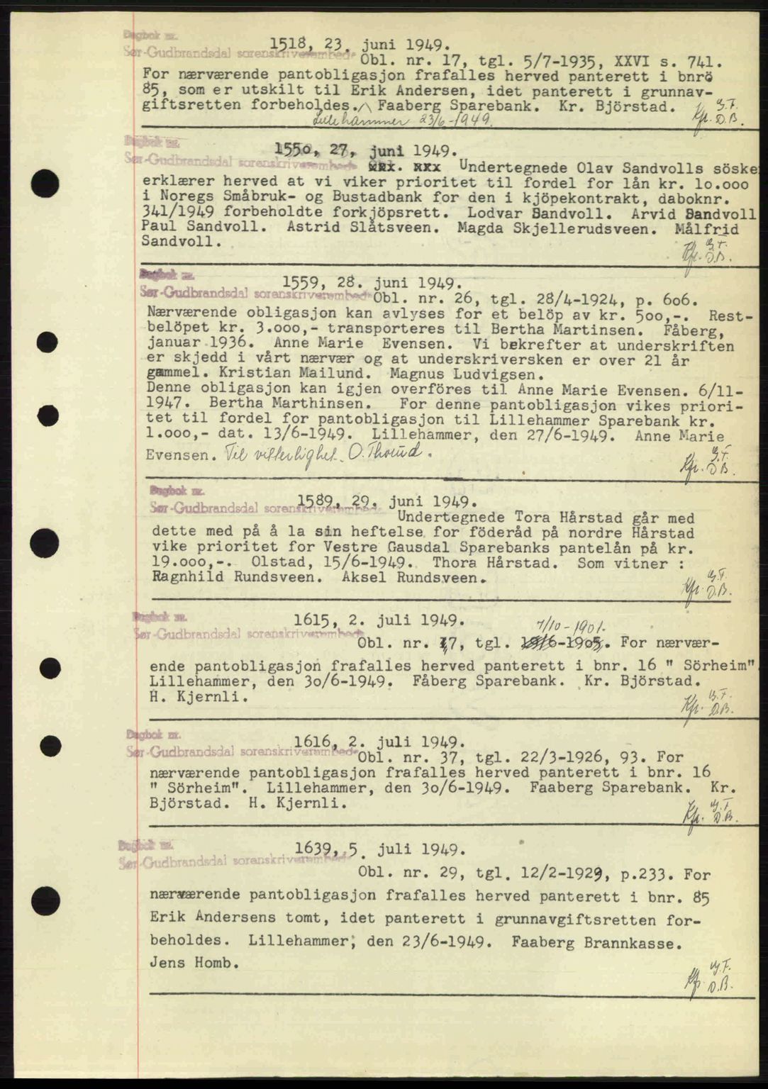 Sør-Gudbrandsdal tingrett, SAH/TING-004/H/Hb/Hbf/L0004: Mortgage book no. C5b, 1945-1951, Diary no: : 1518/1949