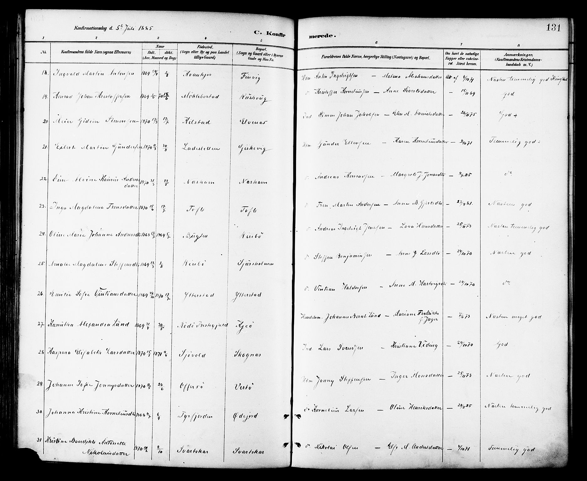 Ministerialprotokoller, klokkerbøker og fødselsregistre - Nordland, AV/SAT-A-1459/872/L1035: Parish register (official) no. 872A10, 1884-1896, p. 131