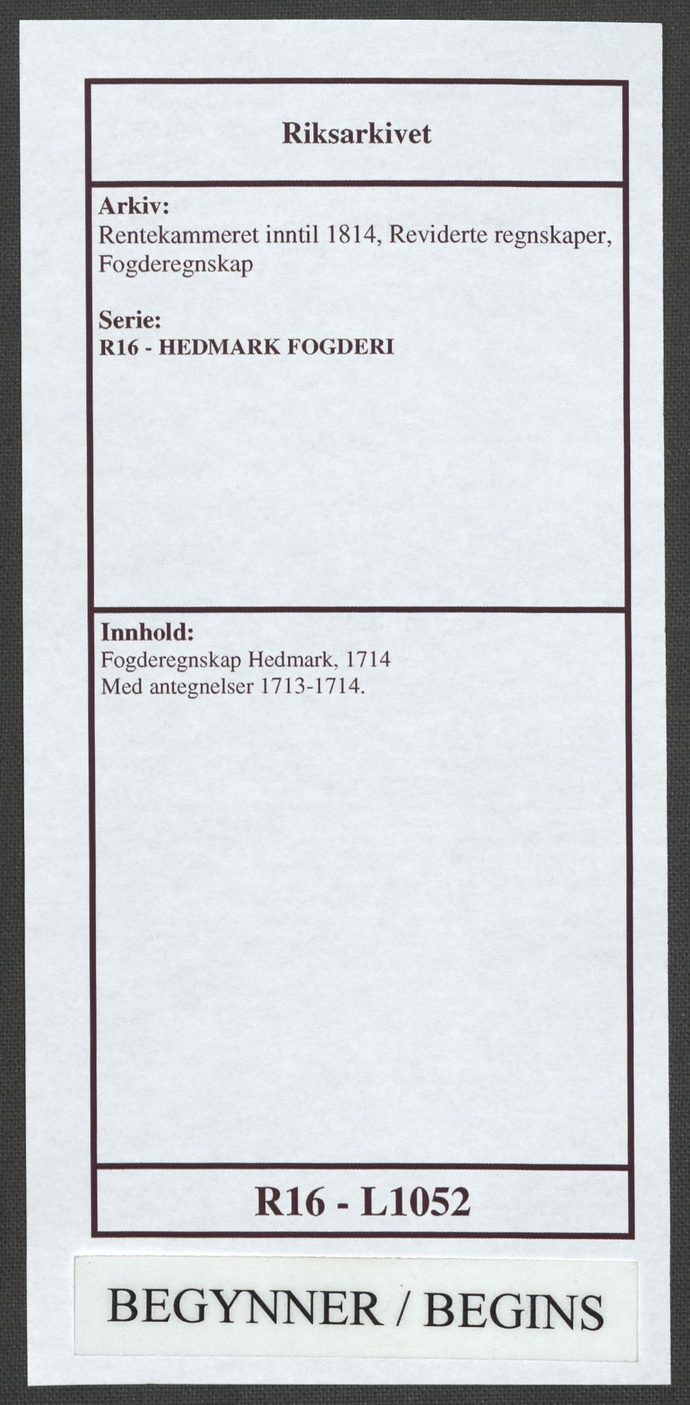 Rentekammeret inntil 1814, Reviderte regnskaper, Fogderegnskap, RA/EA-4092/R16/L1052: Fogderegnskap Hedmark, 1714, p. 1