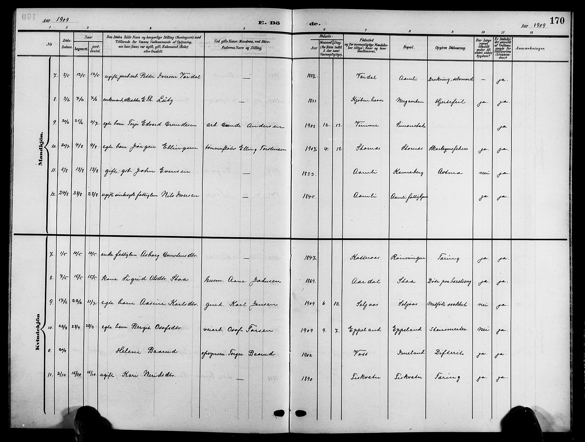 Åmli sokneprestkontor, SAK/1111-0050/F/Fb/Fbc/L0005: Parish register (copy) no. B 5, 1903-1916, p. 170