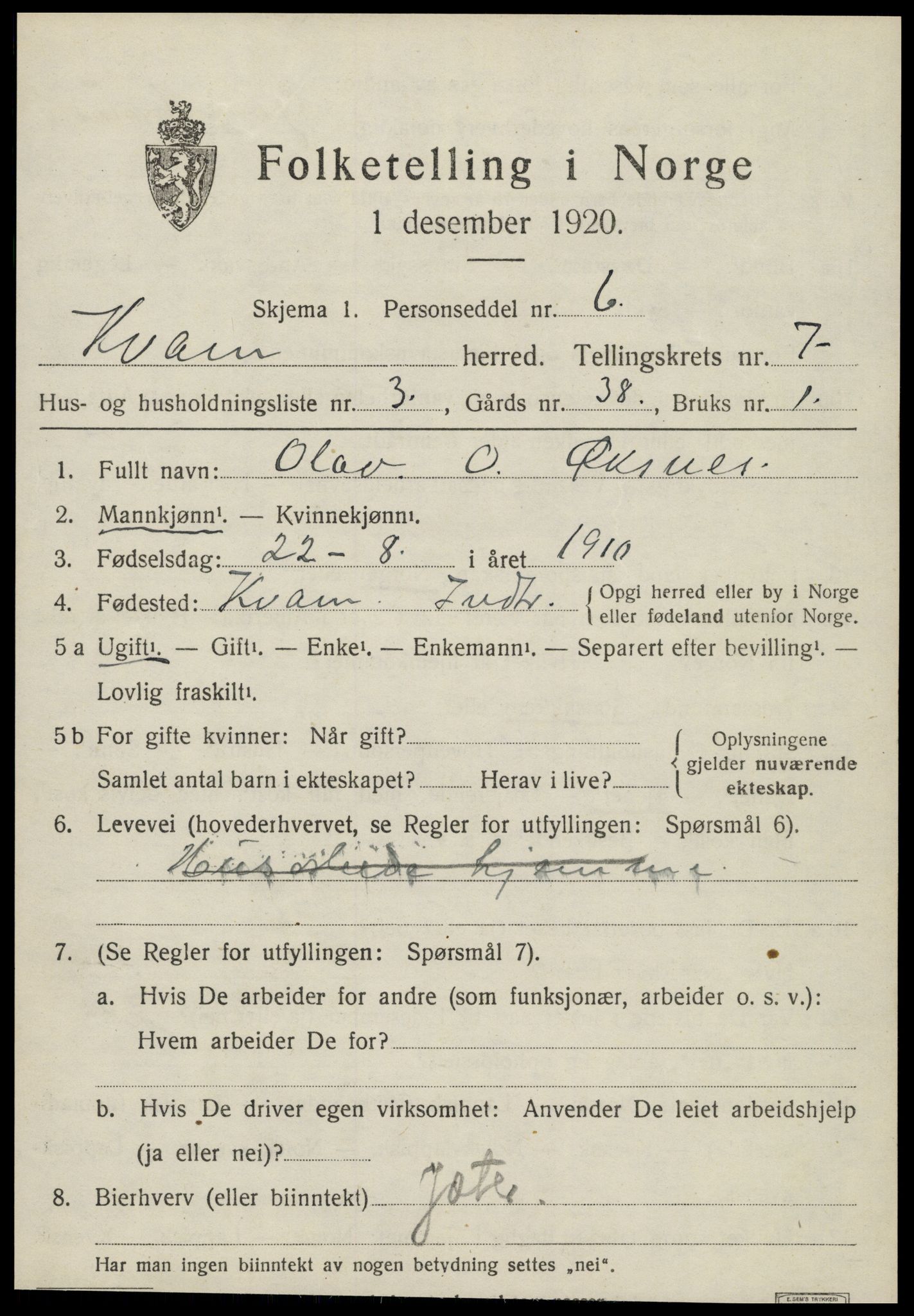 SAT, 1920 census for Kvam, 1920, p. 1833