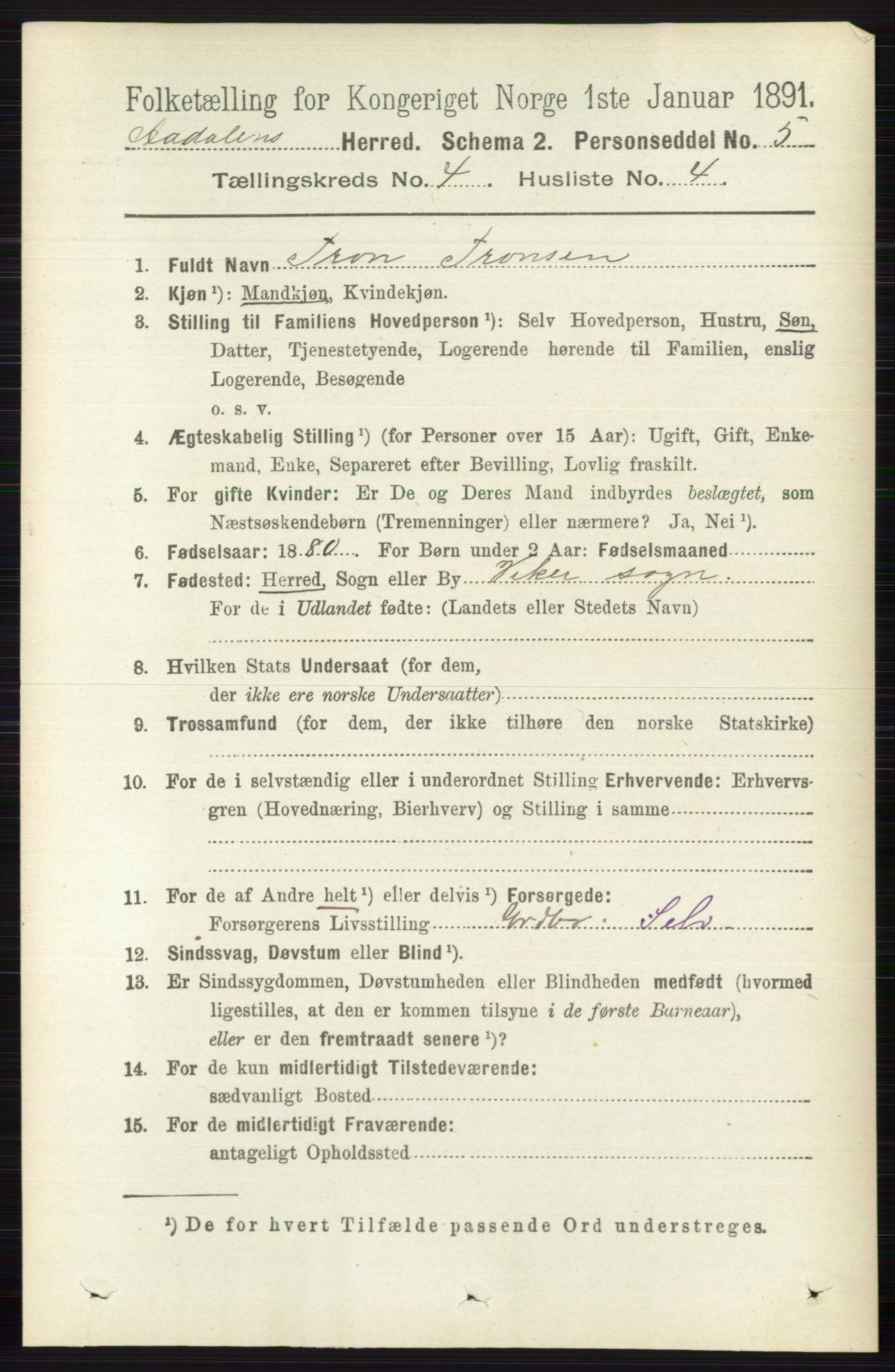 RA, 1891 census for 0614 Ådal, 1891, p. 1540
