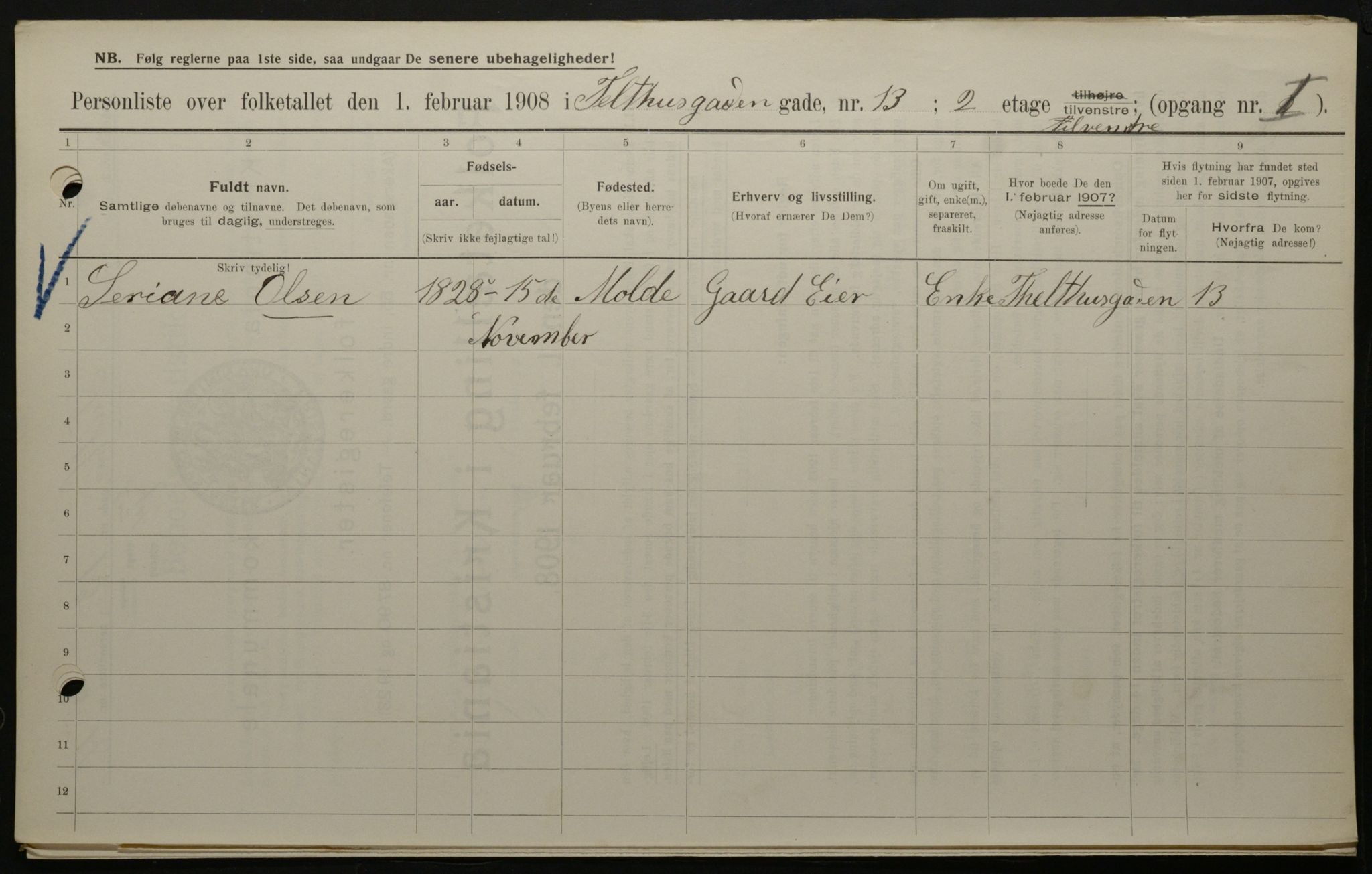 OBA, Municipal Census 1908 for Kristiania, 1908, p. 96745