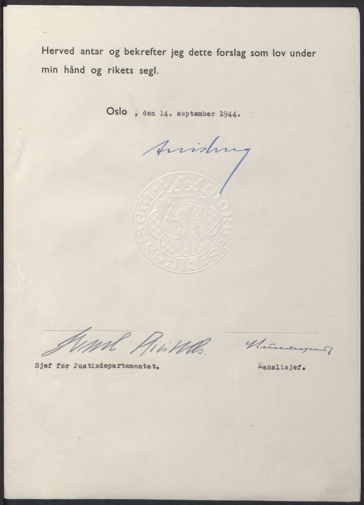 NS-administrasjonen 1940-1945 (Statsrådsekretariatet, de kommisariske statsråder mm), RA/S-4279/D/Db/L0100: Lover, 1944, p. 425