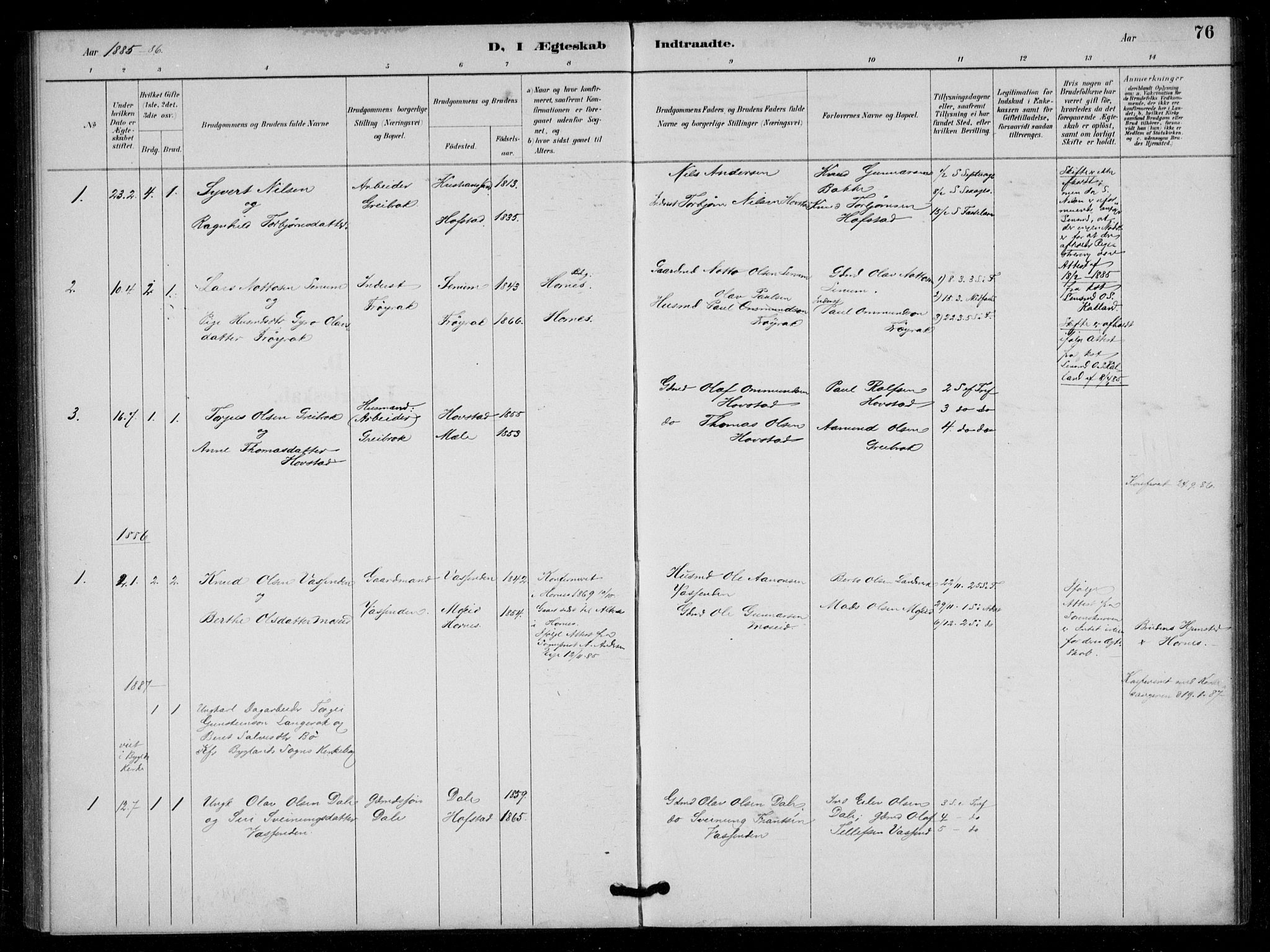 Bygland sokneprestkontor, SAK/1111-0006/F/Fa/Fad/L0001: Parish register (official) no. A 1, 1885-1906, p. 76