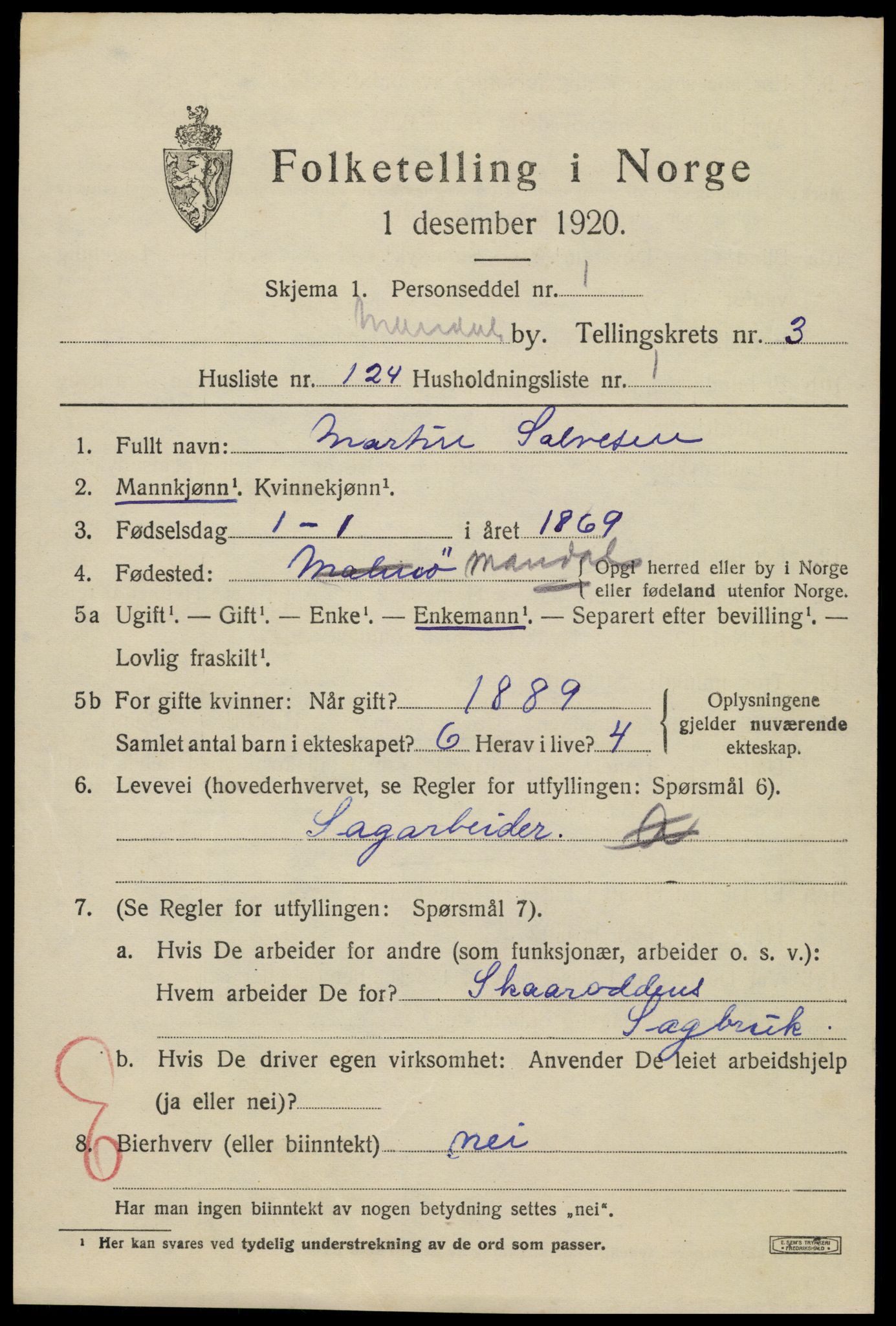SAK, 1920 census for Mandal, 1920, p. 6879