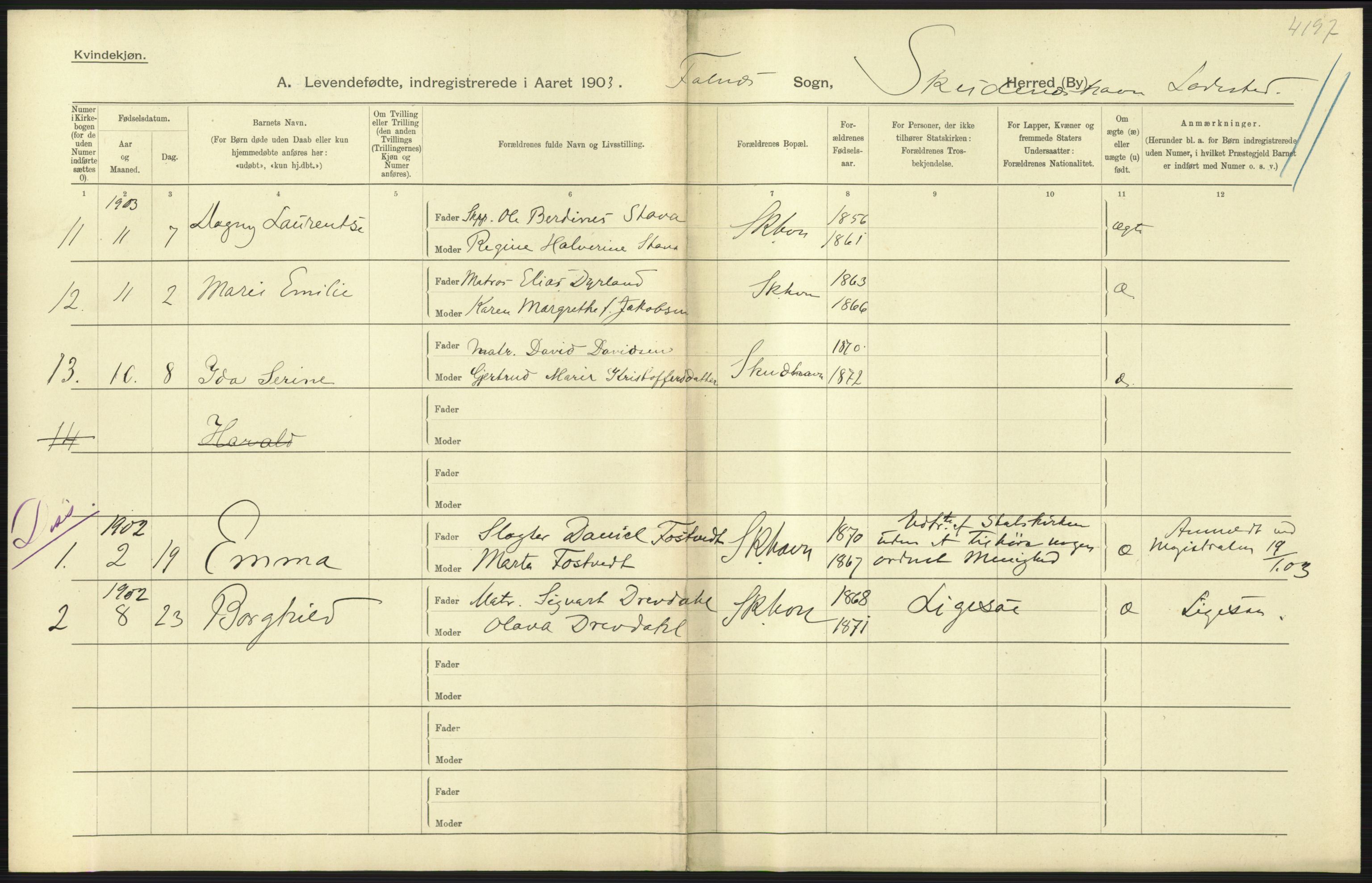 Statistisk sentralbyrå, Sosiodemografiske emner, Befolkning, AV/RA-S-2228/D/Df/Dfa/Dfaa/L0012: Stavanger amt: Fødte, gifte, døde, 1903, p. 313