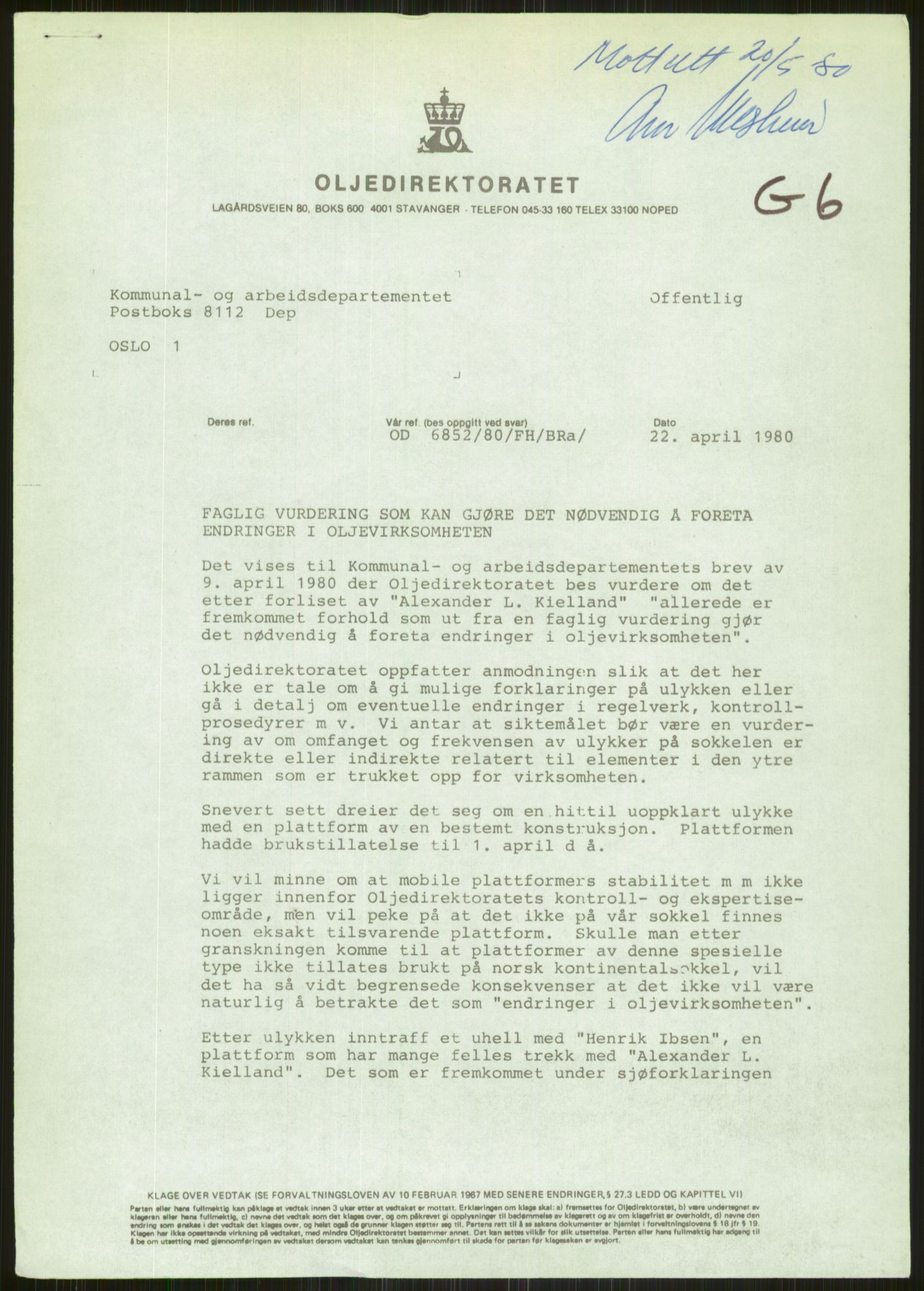 Justisdepartementet, Granskningskommisjonen ved Alexander Kielland-ulykken 27.3.1980, RA/S-1165/D/L0010: E CFEM (E20-E35 av 35)/G Oljedirektoratet (Doku.liste + G1-G3, G6-G8 av 8), 1980-1981, p. 502