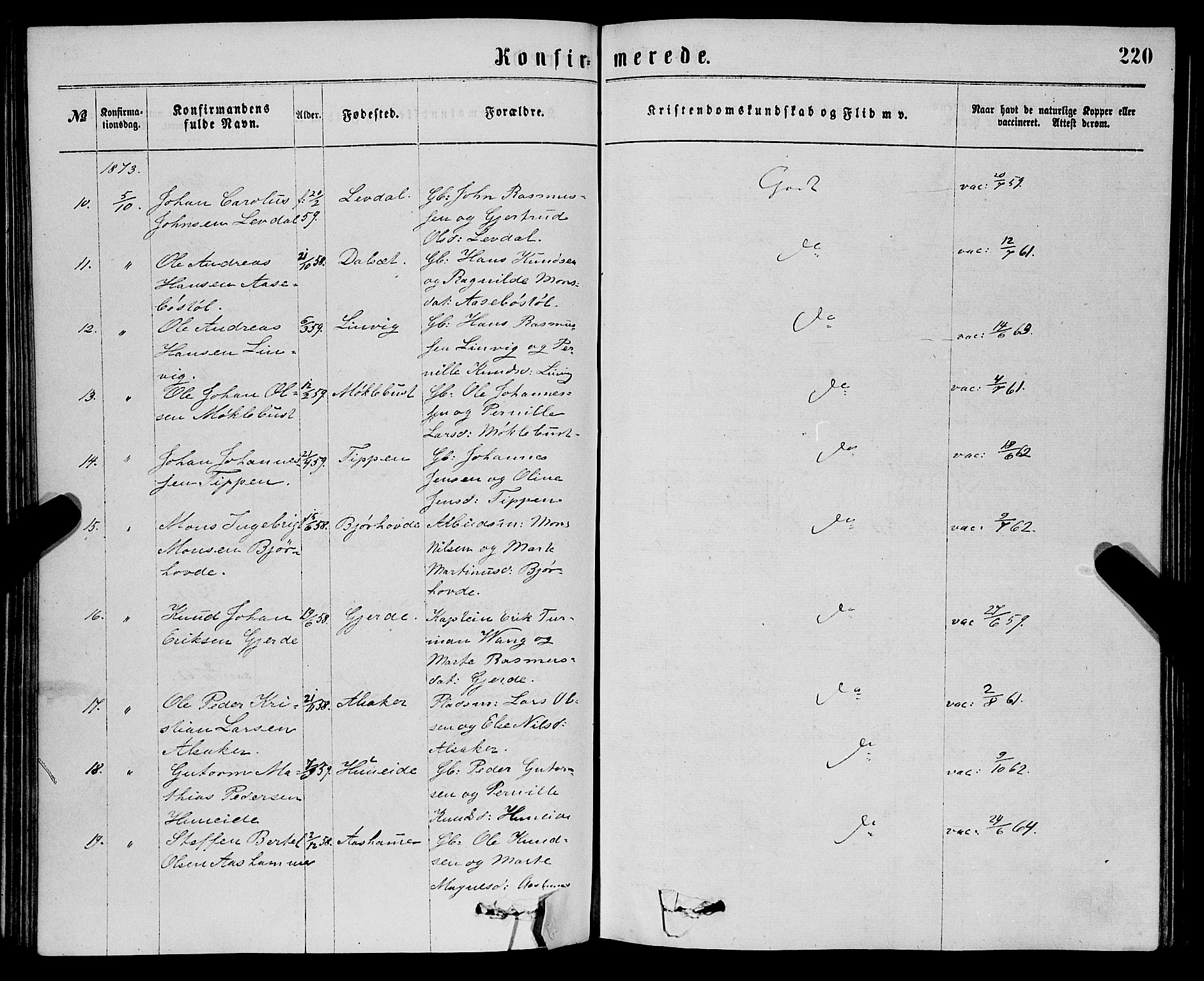 Eid sokneprestembete, SAB/A-82301/H/Haa/Haaa/L0010: Parish register (official) no. A 10, 1867-1878, p. 220