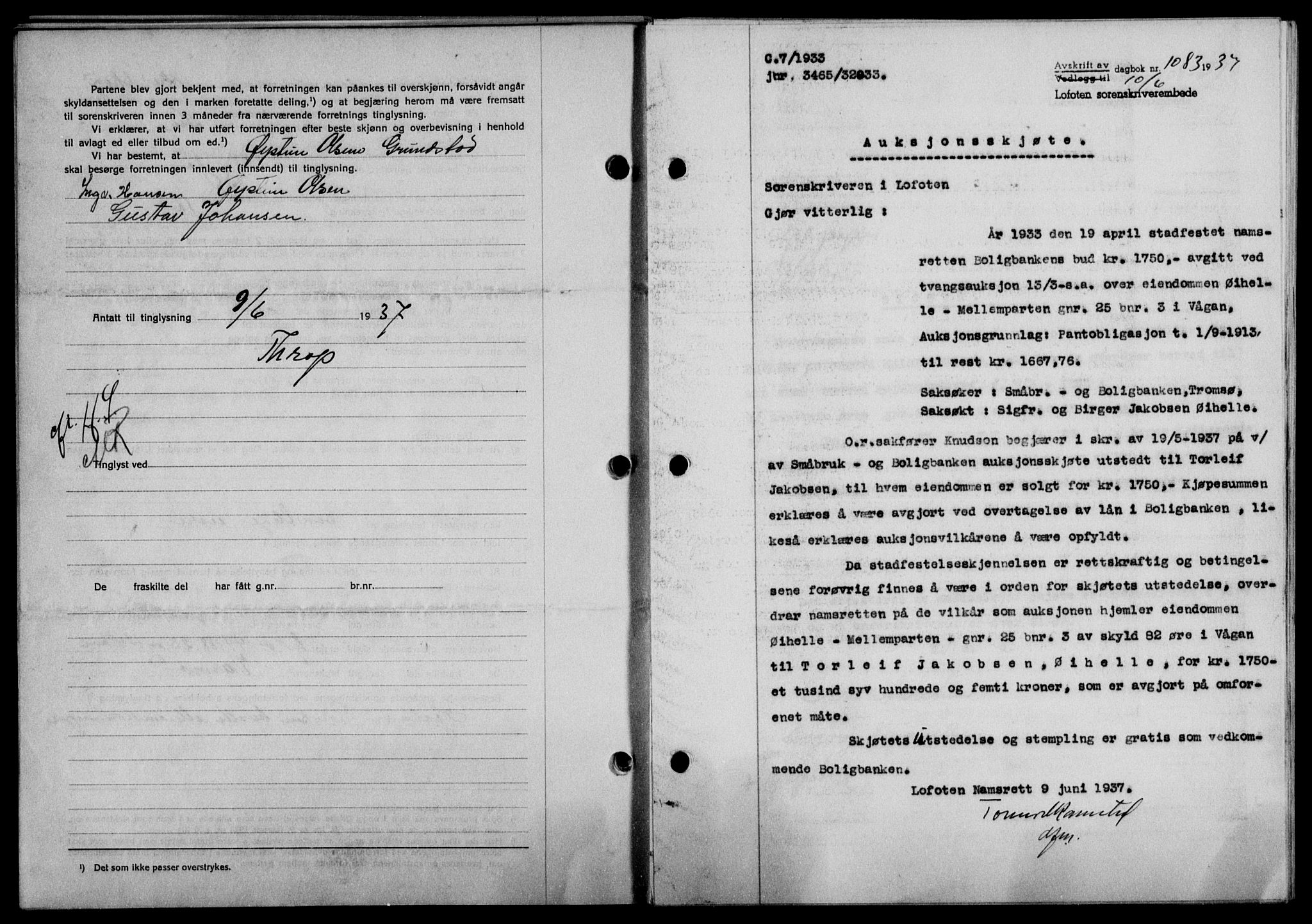 Lofoten sorenskriveri, SAT/A-0017/1/2/2C/L0002a: Mortgage book no. 2a, 1937-1937, Diary no: : 1083/1937