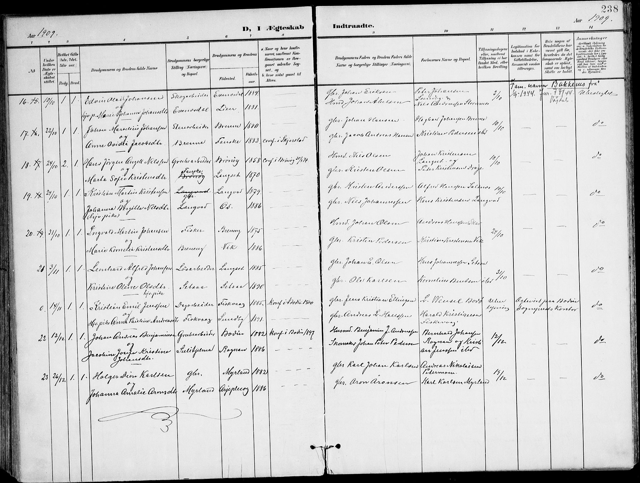 Ministerialprotokoller, klokkerbøker og fødselsregistre - Nordland, AV/SAT-A-1459/847/L0672: Parish register (official) no. 847A12, 1902-1919, p. 238