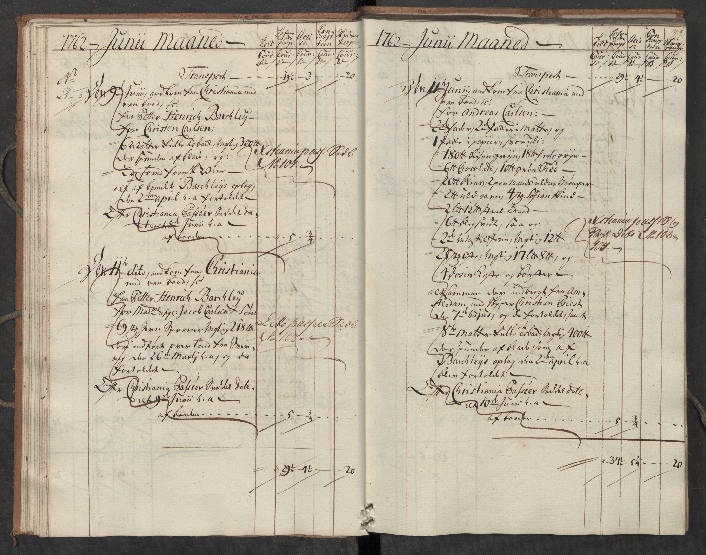 Generaltollkammeret, tollregnskaper, AV/RA-EA-5490/R07/L0022/0001: Tollregnskaper Sand / Inngående hovedtollbok, 1762, p. 29b-30a