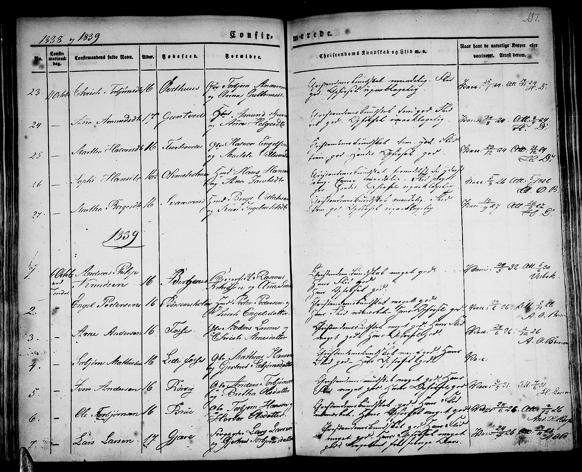 Strandebarm sokneprestembete, AV/SAB-A-78401/H/Haa: Parish register (official) no. A 6, 1826-1843, p. 187