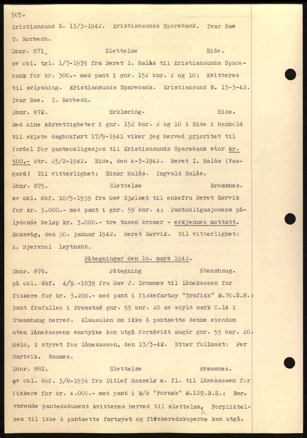 Nordmøre sorenskriveri, AV/SAT-A-4132/1/2/2Ca: Mortgage book no. C81, 1940-1945, Diary no: : 871/1942