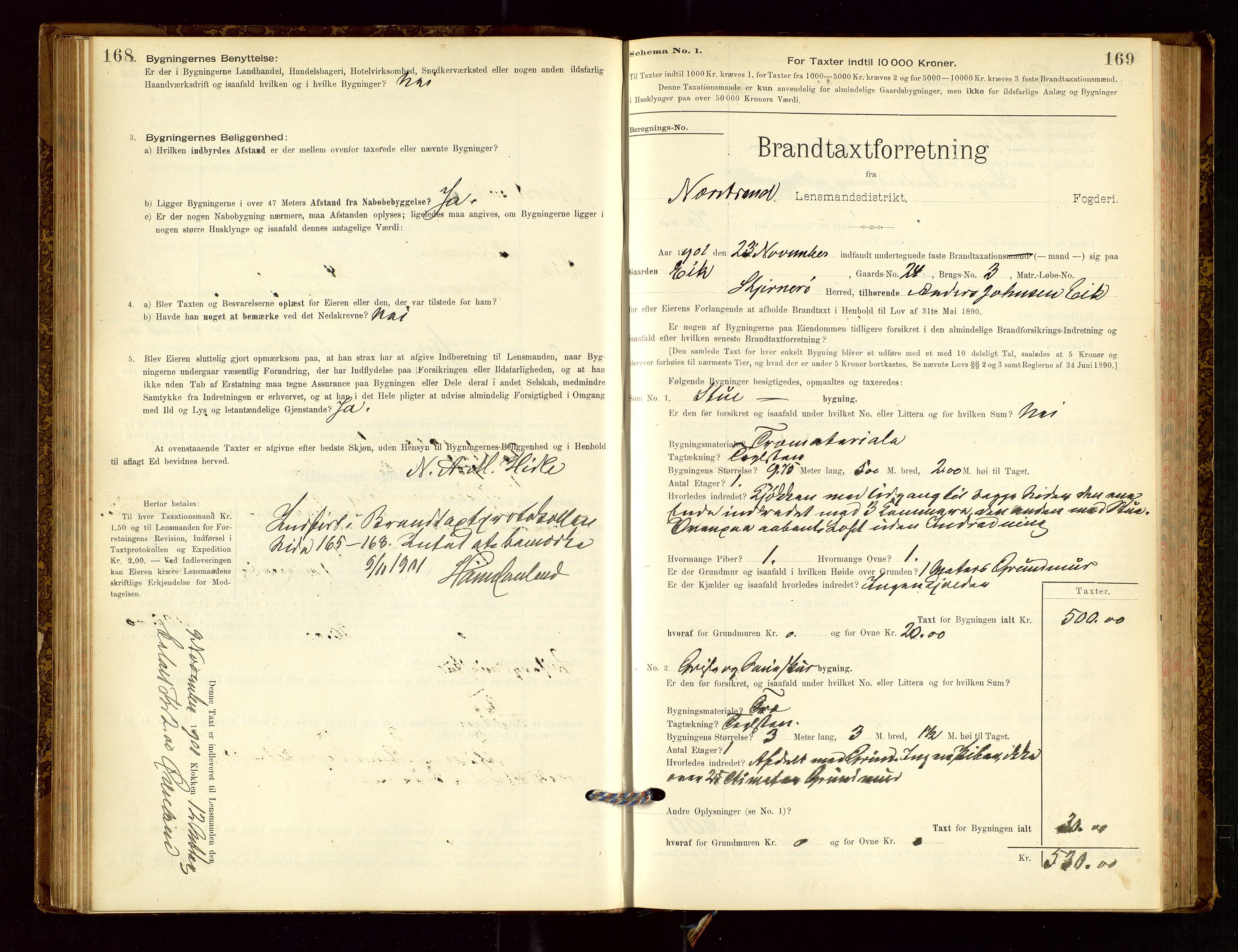 Nedstrand lensmannskontor, SAST/A-100236/Gob/L0001: "Brandtaxationsprotokol for Nerstrand Lensmandsdistrikt Ryfylke fogderi", 1895-1915, p. 168-169