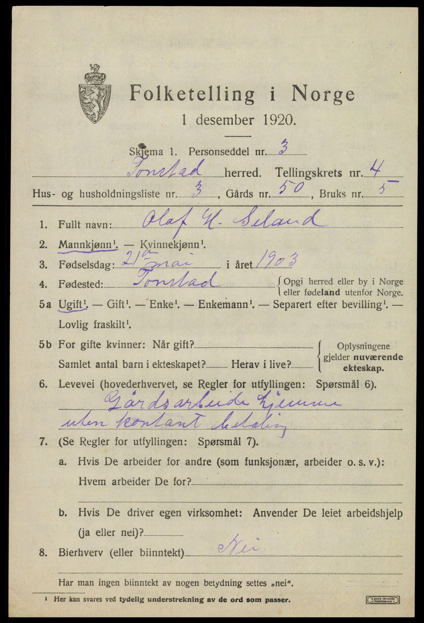 SAK, 1920 census for Tonstad, 1920, p. 1308