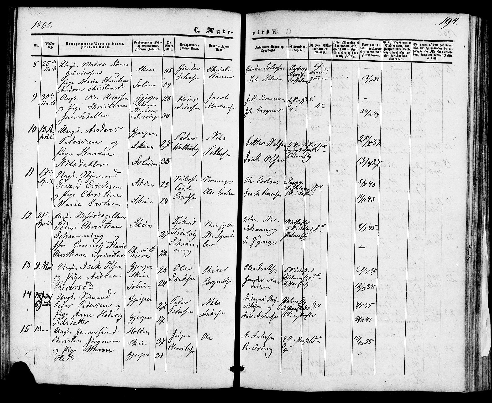 Skien kirkebøker, SAKO/A-302/F/Fa/L0007: Parish register (official) no. 7, 1856-1865, p. 194