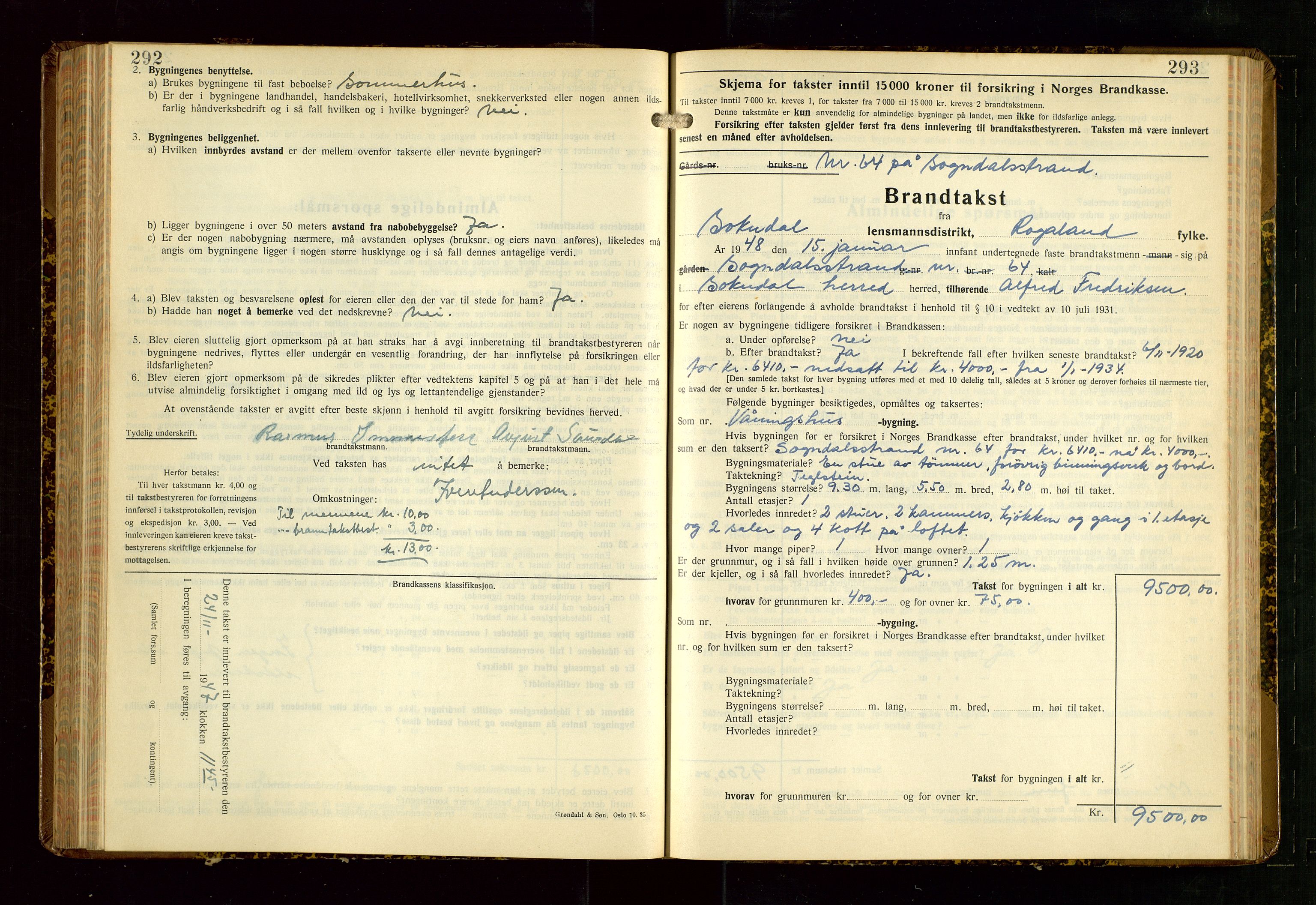 Sokndal lensmannskontor, AV/SAST-A-100417/Gob/L0008: "Brandtakst-Protokoll", 1937-1955, p. 292-293