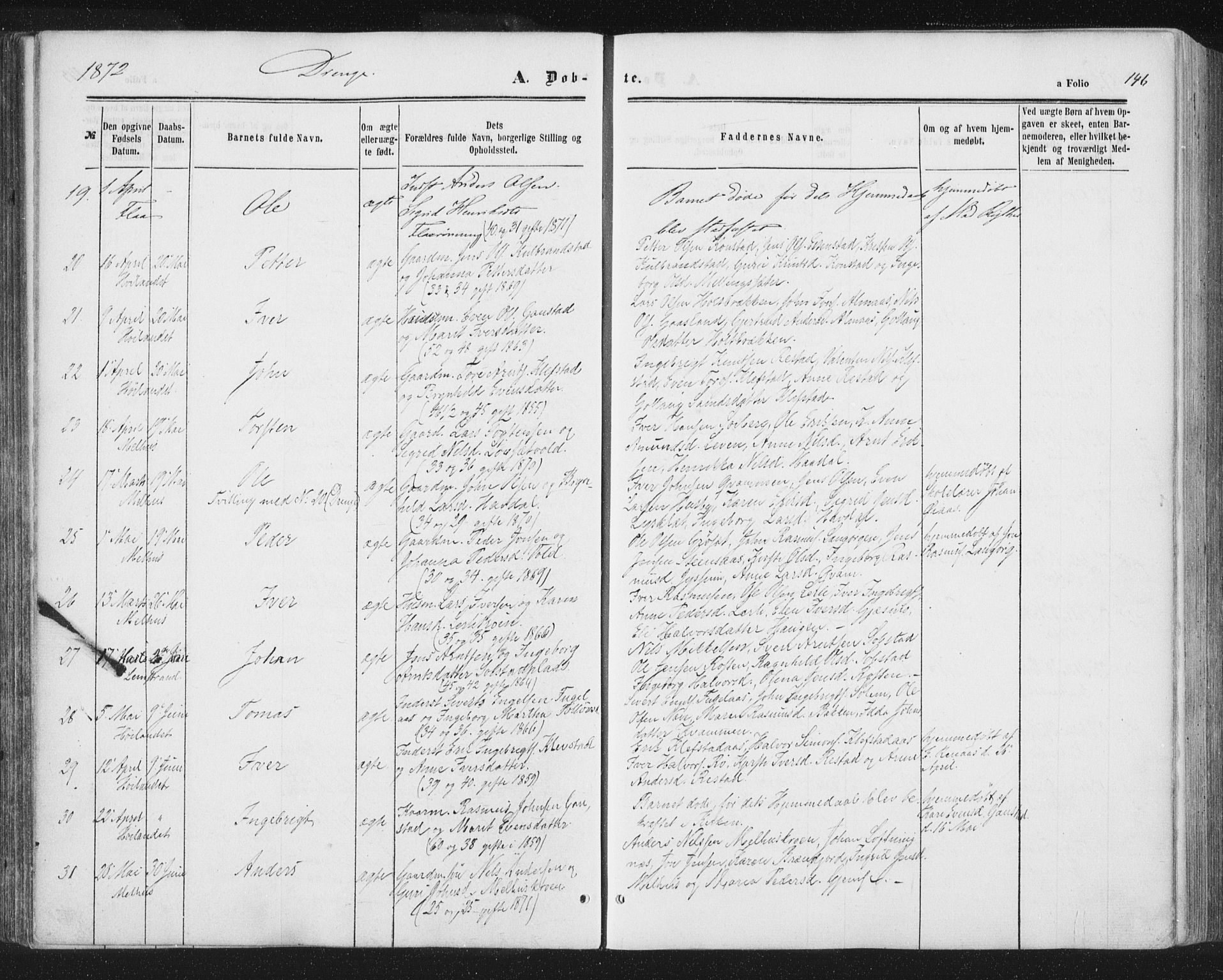 Ministerialprotokoller, klokkerbøker og fødselsregistre - Sør-Trøndelag, AV/SAT-A-1456/691/L1077: Parish register (official) no. 691A09, 1862-1873, p. 146