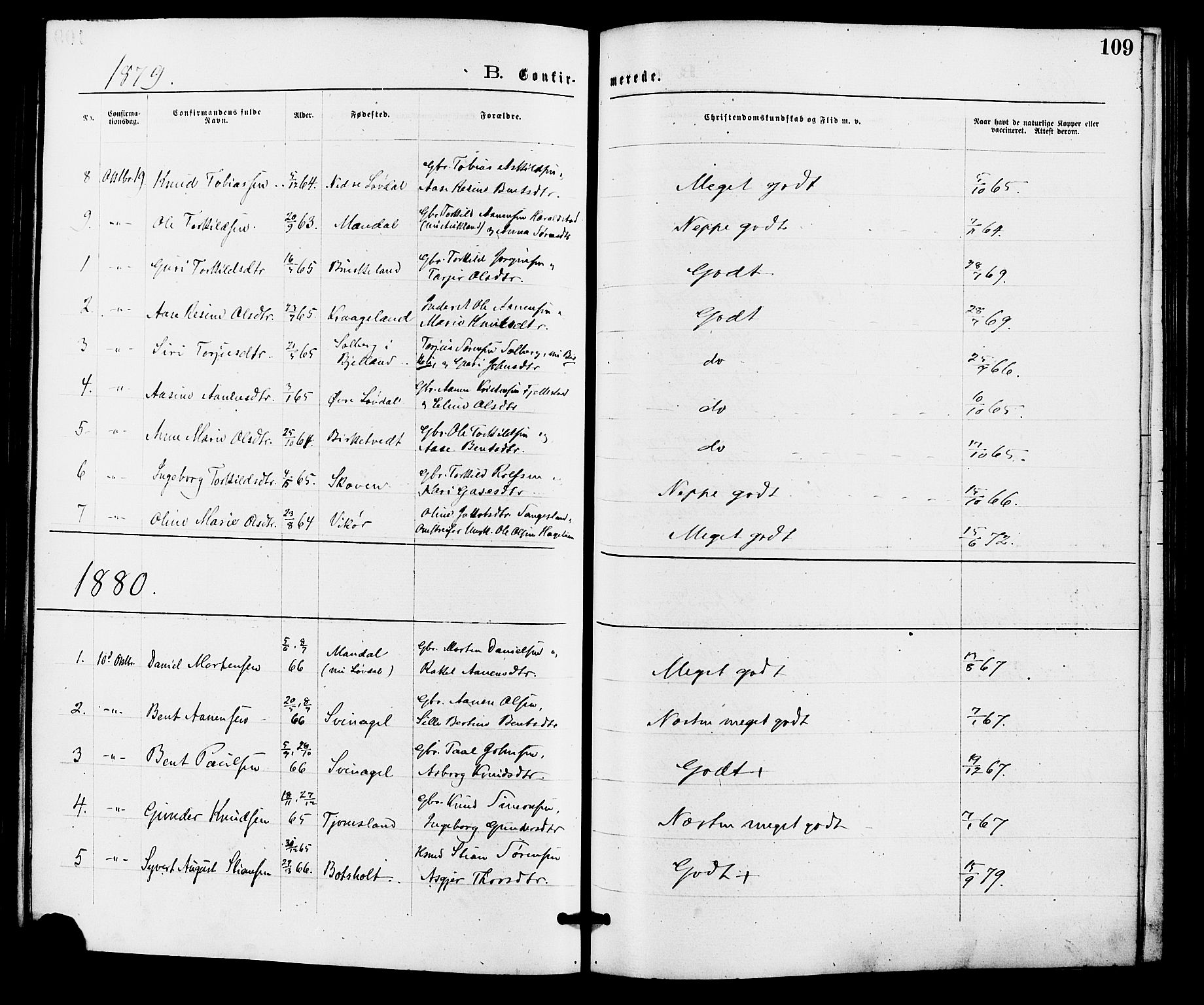 Holum sokneprestkontor, AV/SAK-1111-0022/F/Fa/Fab/L0006: Parish register (official) no. A 6, 1875-1886, p. 109