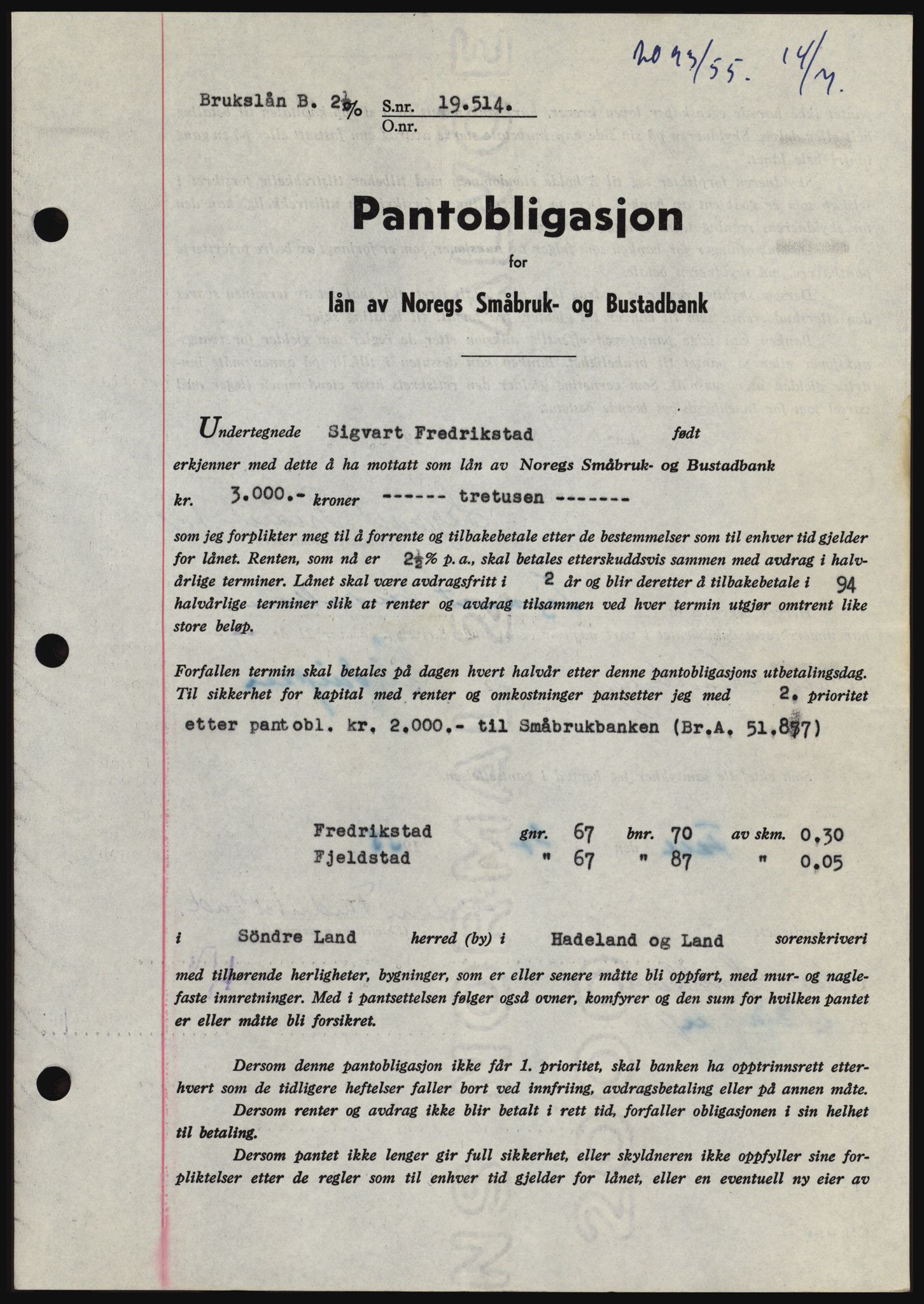 Hadeland og Land tingrett, SAH/TING-010/H/Hb/Hbc/L0032: Mortgage book no. B32, 1955-1955, Diary no: : 2093/1955
