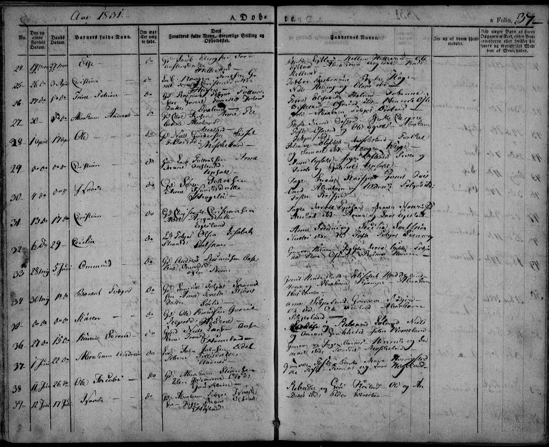 Lyngdal sokneprestkontor, AV/SAK-1111-0029/F/Fa/Fac/L0007: Parish register (official) no. A 7, 1825-1838, p. 37