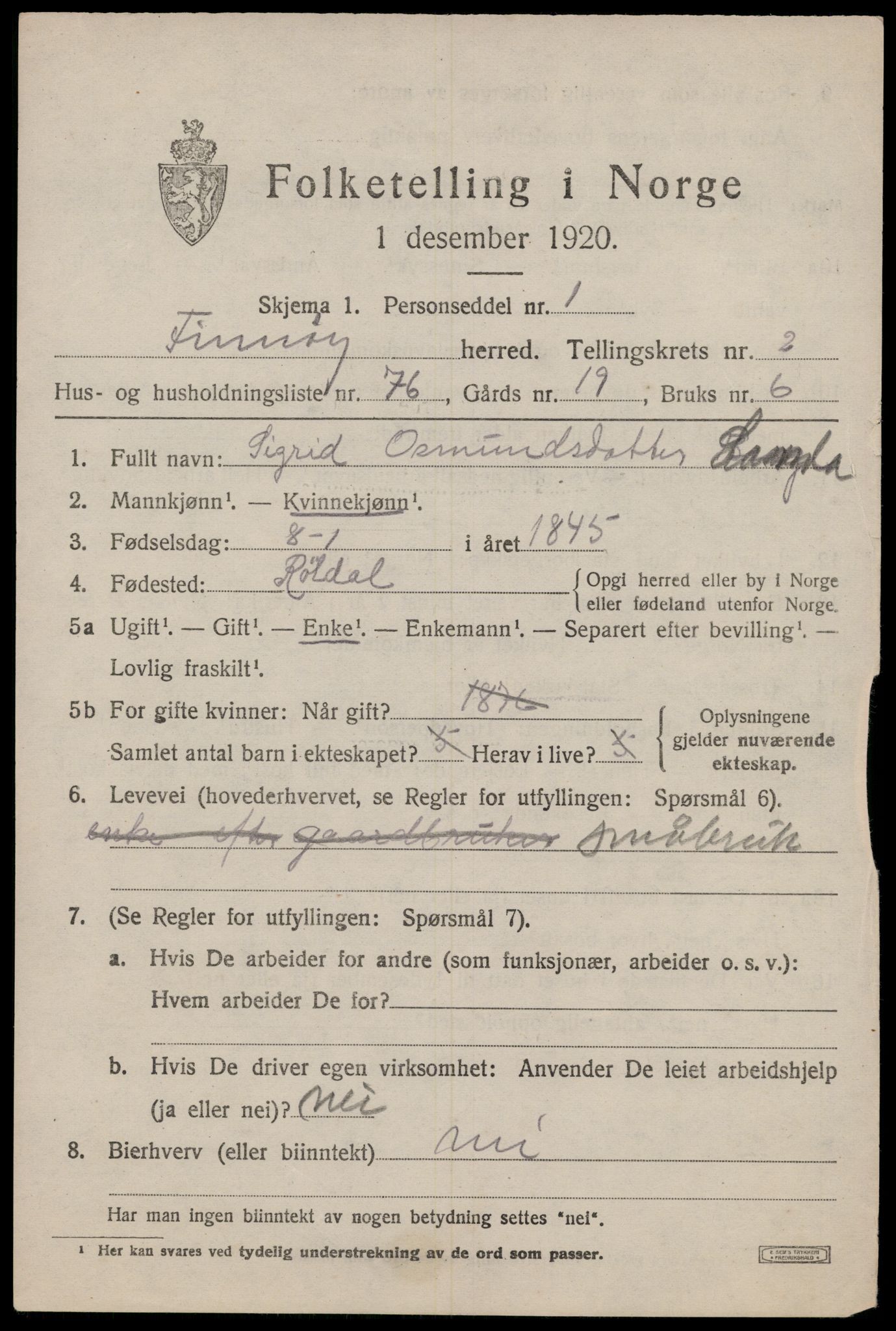 SAST, 1920 census for Finnøy, 1920, p. 2166