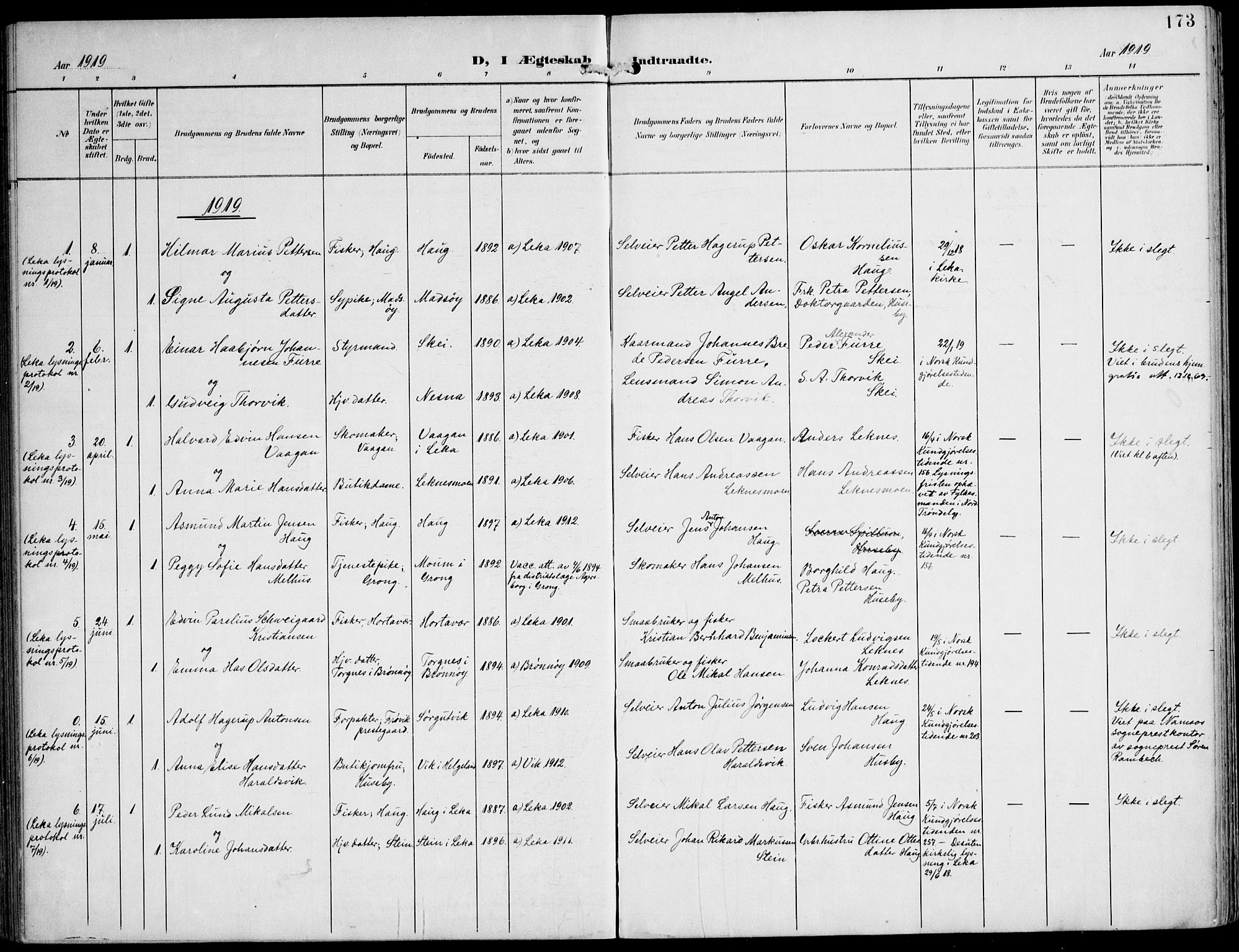 Ministerialprotokoller, klokkerbøker og fødselsregistre - Nord-Trøndelag, SAT/A-1458/788/L0698: Parish register (official) no. 788A05, 1902-1921, p. 173